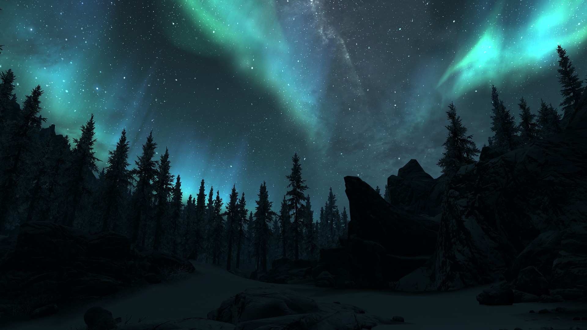 The Elder Scrolls V Skyrim Video Games Aurorae Trees Night Fantasy Art Polar Night Screen Shot 1920x1080