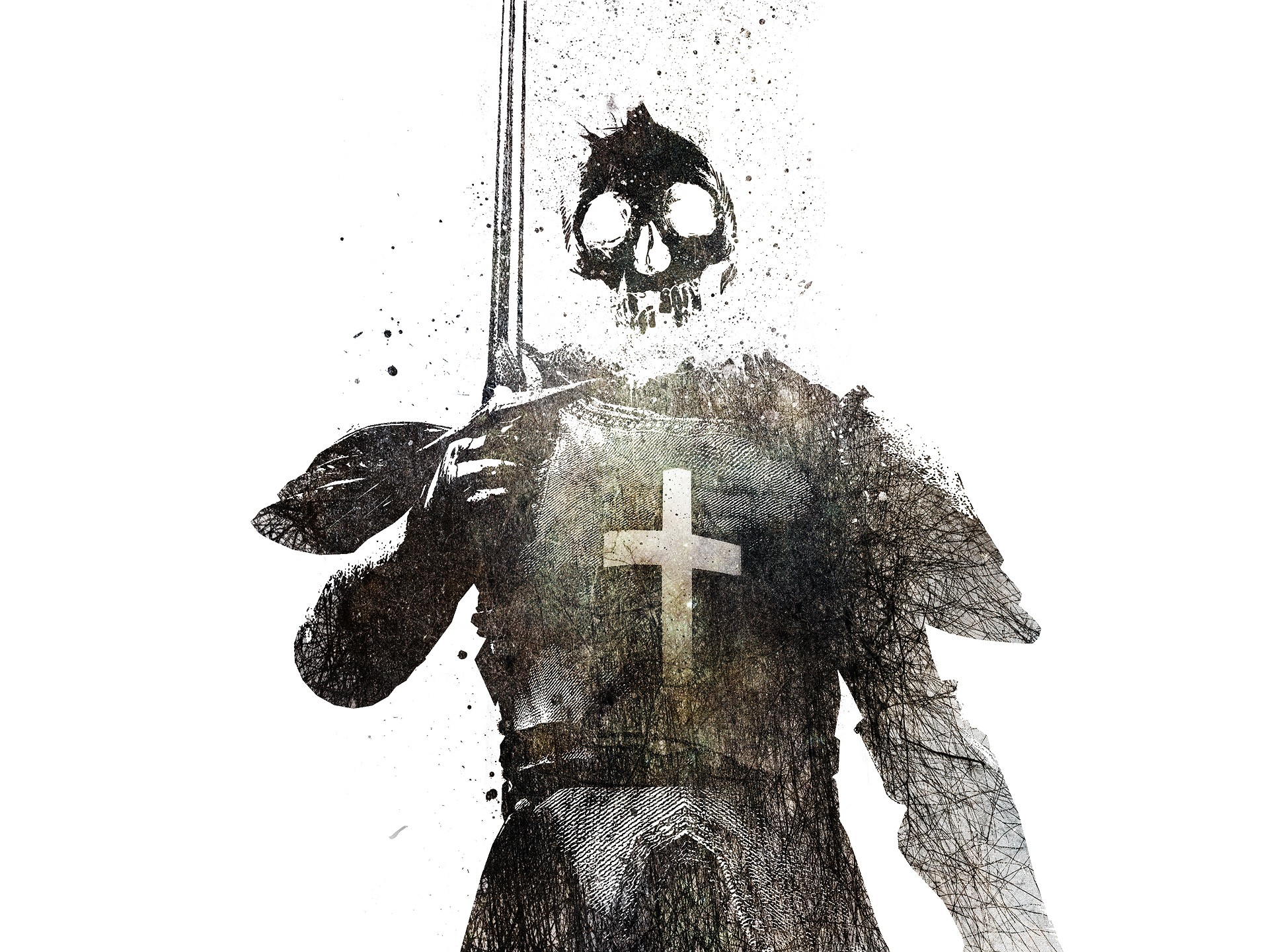 Skull Dark Templar In Memoriam Alex Cherry Paint Splatter Fantasy Art Crucifix Frontal View Cross 1920x1440
