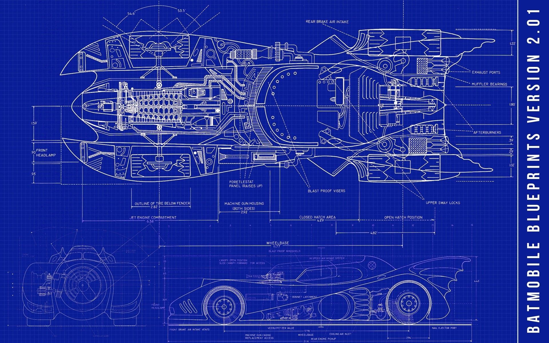 Batman Batmobile Blueprints Vehicle Car Sketches Blue 1920x1200