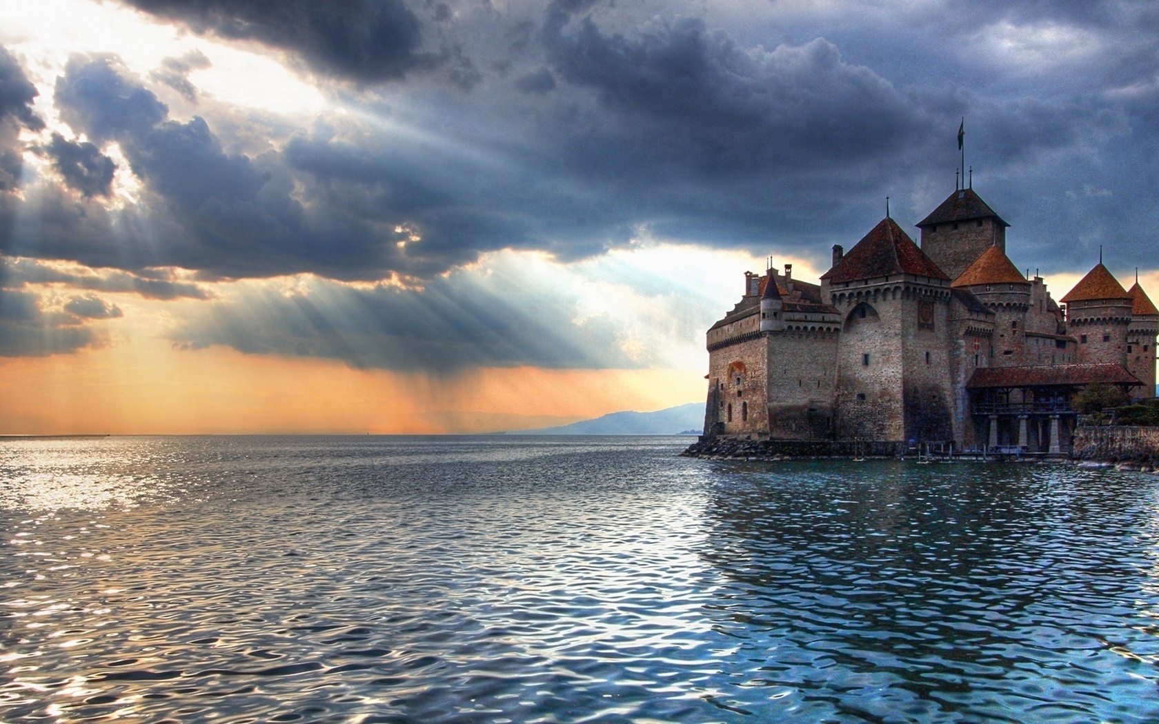 Castle Chillon Castle Switzerland Lake Geneva Sun Rays Water 1680x1050