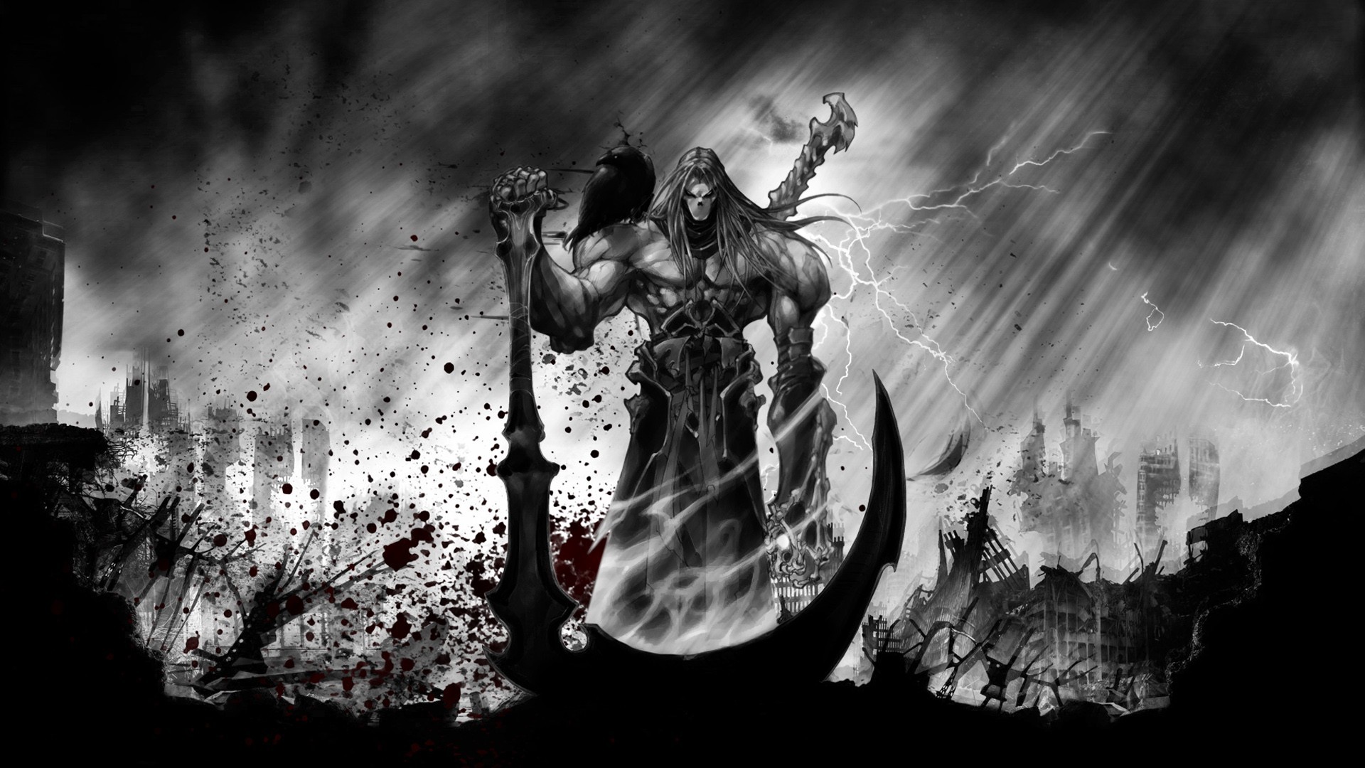 Monochrome Death Digital Art Grim Reaper Dark Scythe Spooky Selective Coloring Video Games Darksider 1920x1080