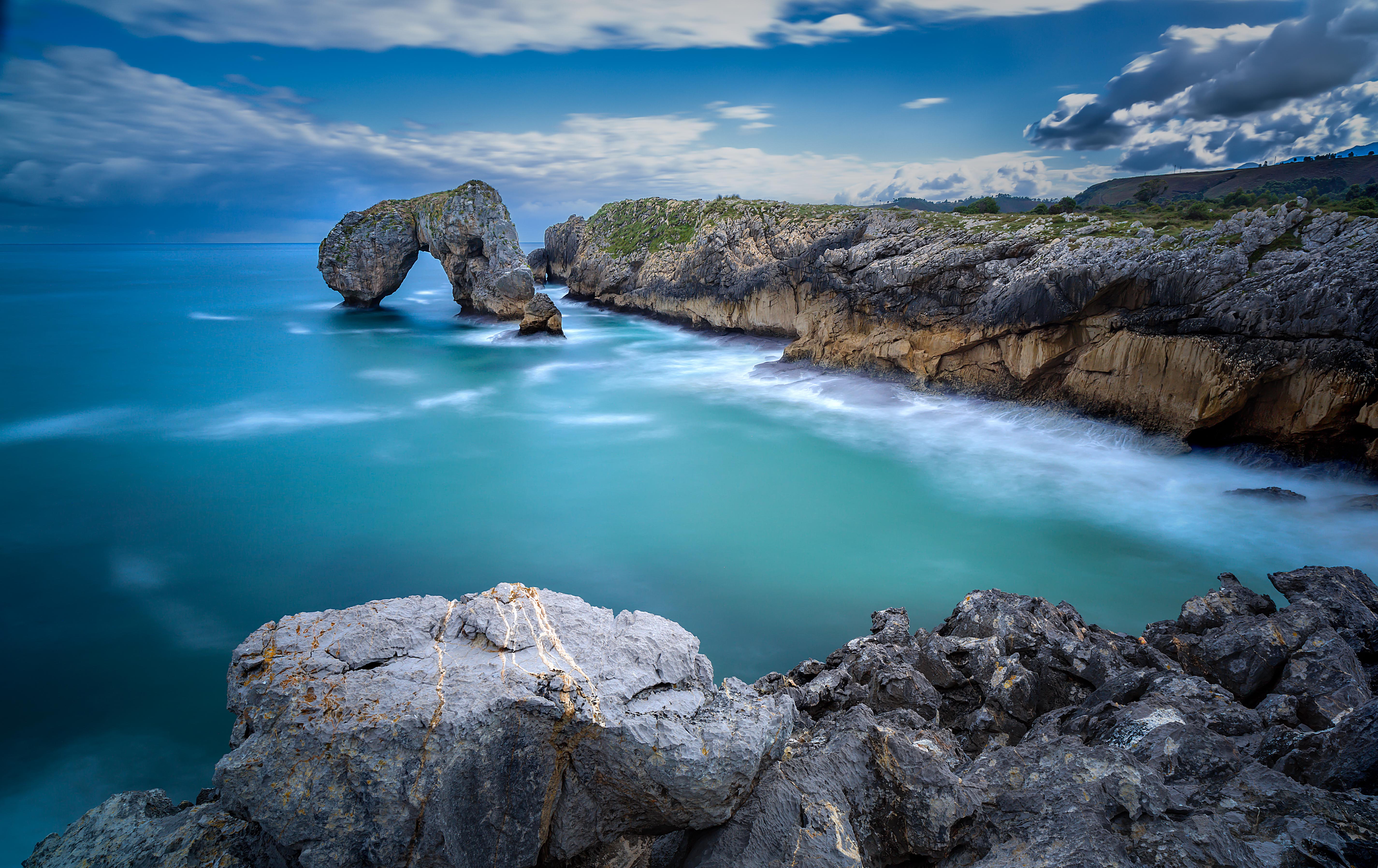 Earth Rock Coastline Coast Arch Ocean Sea El Castro De Las Gaviotas Huelgo Beach 5702x3592