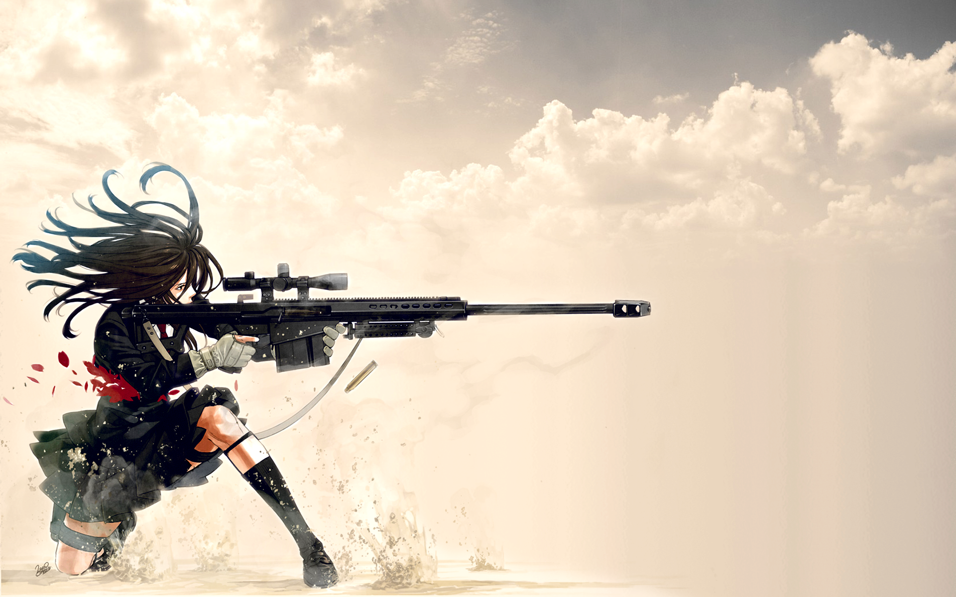 Manga Sniper Rifle Anime School Uniform Brunette Long Hair White Background Aiming Clouds 1920x1200