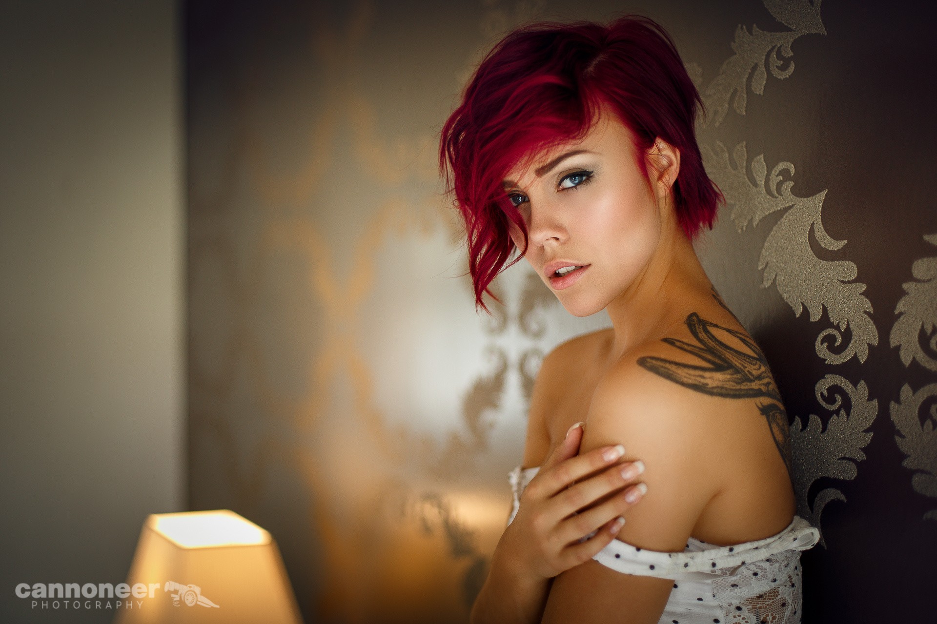 Women Redhead Face Dyed Hair Blue Eyes Bare Shoulders Tattoo Tanned Portrait Undressing Short Hair 1920x1280