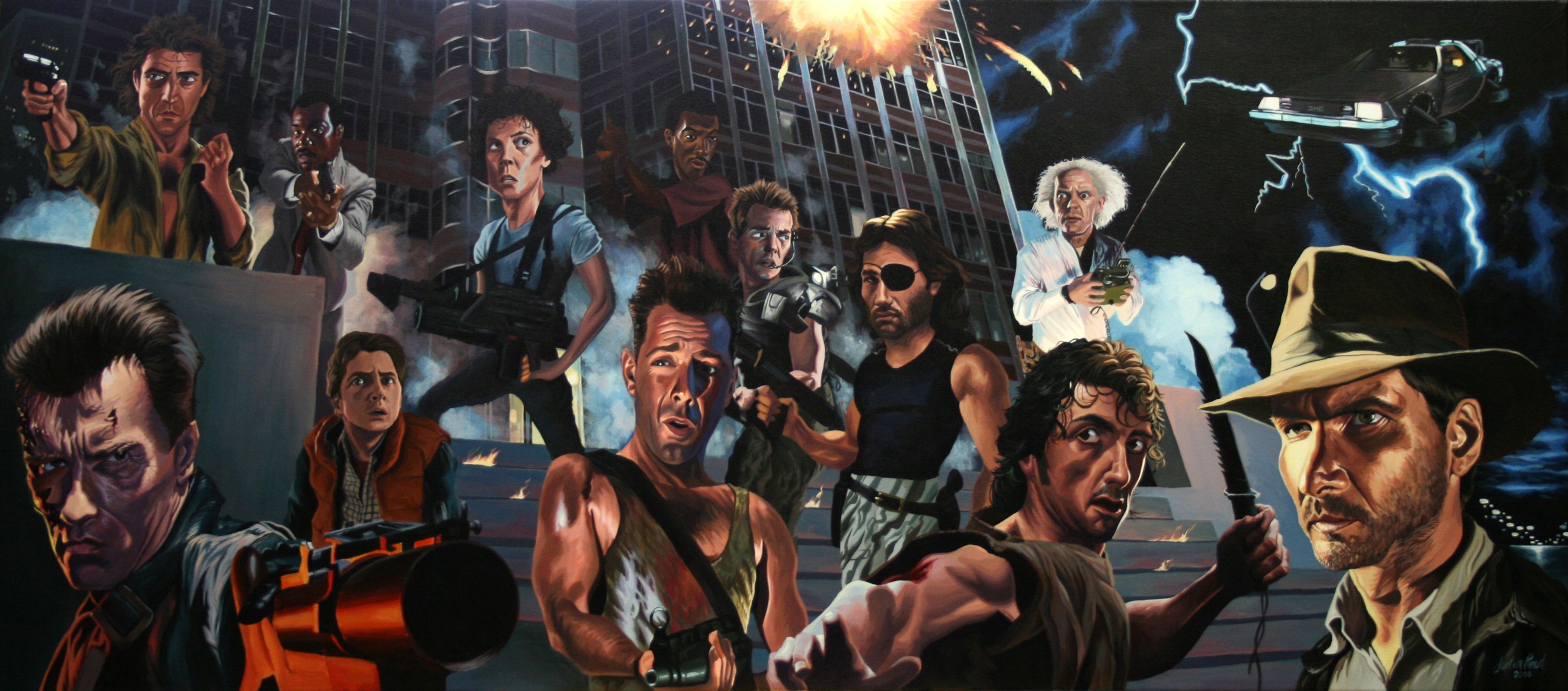 Movies Caricature Terminator Indiana Jones Die Hard Back To The Future Alien Movie Rambo Hollywood 3000x1323