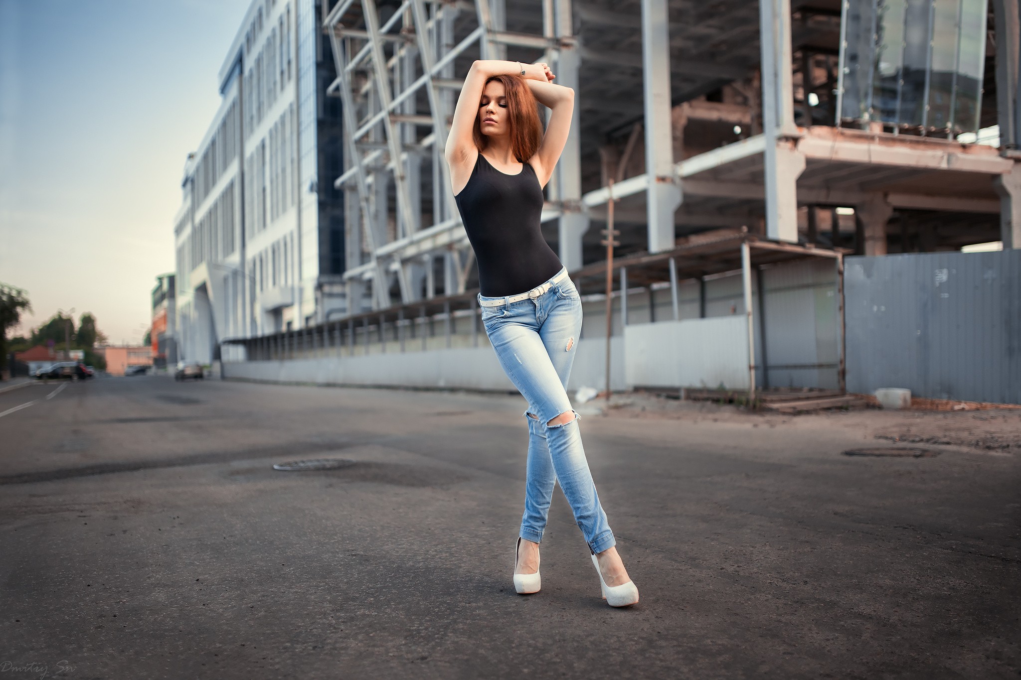 Women Redhead Hips Body Lingerie Jeans Armpits Arms Up High Heels Closed Eyes Urban Street Torn Jean 2048x1365