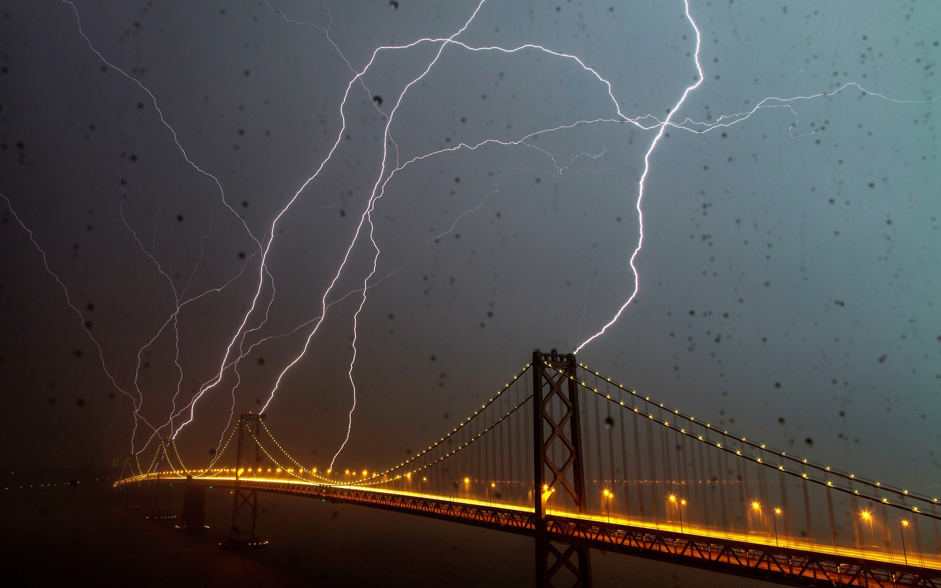 Architecture Bridge Night Lights Lightning Water Drops San Francisco San Francisco Oakland Bay Bridg 1920x1200