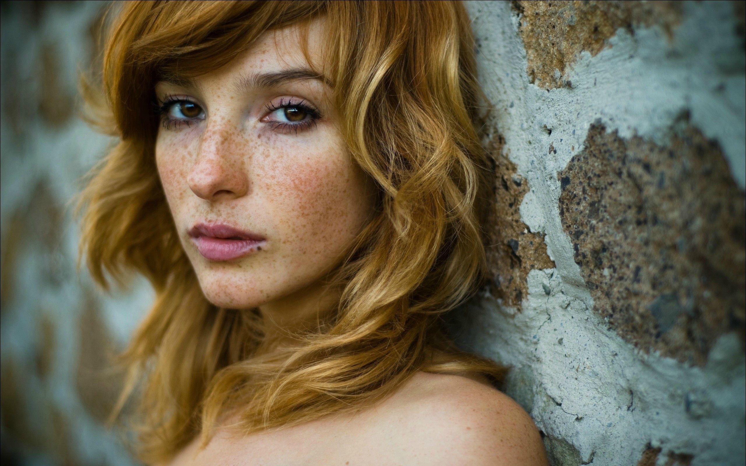 Freckles Face Vica Kerekes Women Redhead Brown Eyes Wall Bare Shoulders Actress 2560x1600