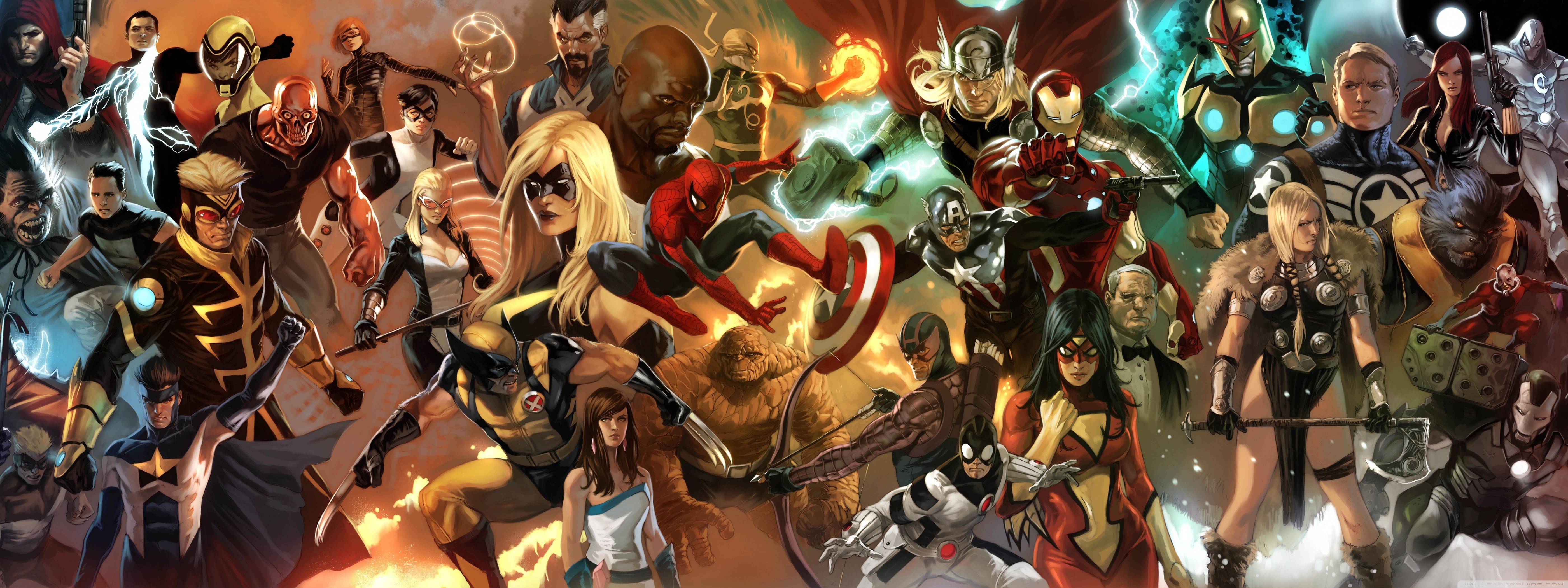 Marvel Comics Comic Art Collage Comics Artwork Spider Man Red Skull Iron Man Captain America Thing 5600x2100