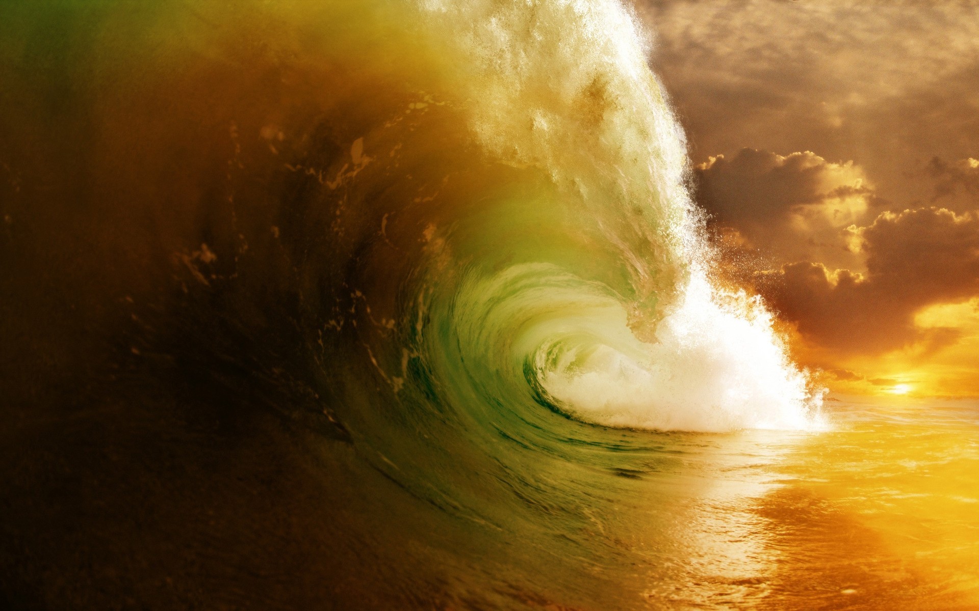 Waves Sunset Colorized Photos Sea 1920x1200