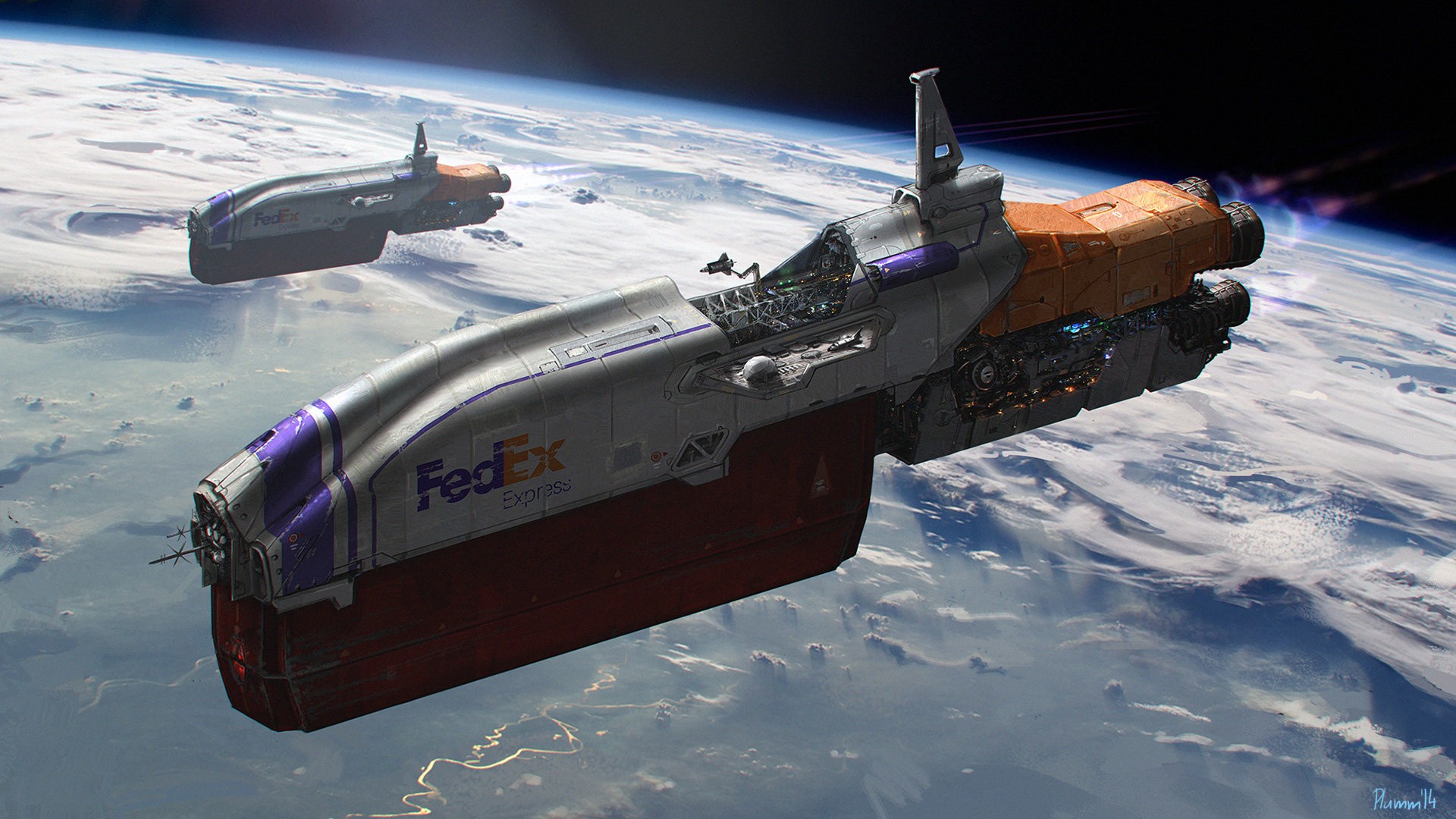 Spaceship Fedex Space Sky Humor Digital Art Science Fiction 1920x1080