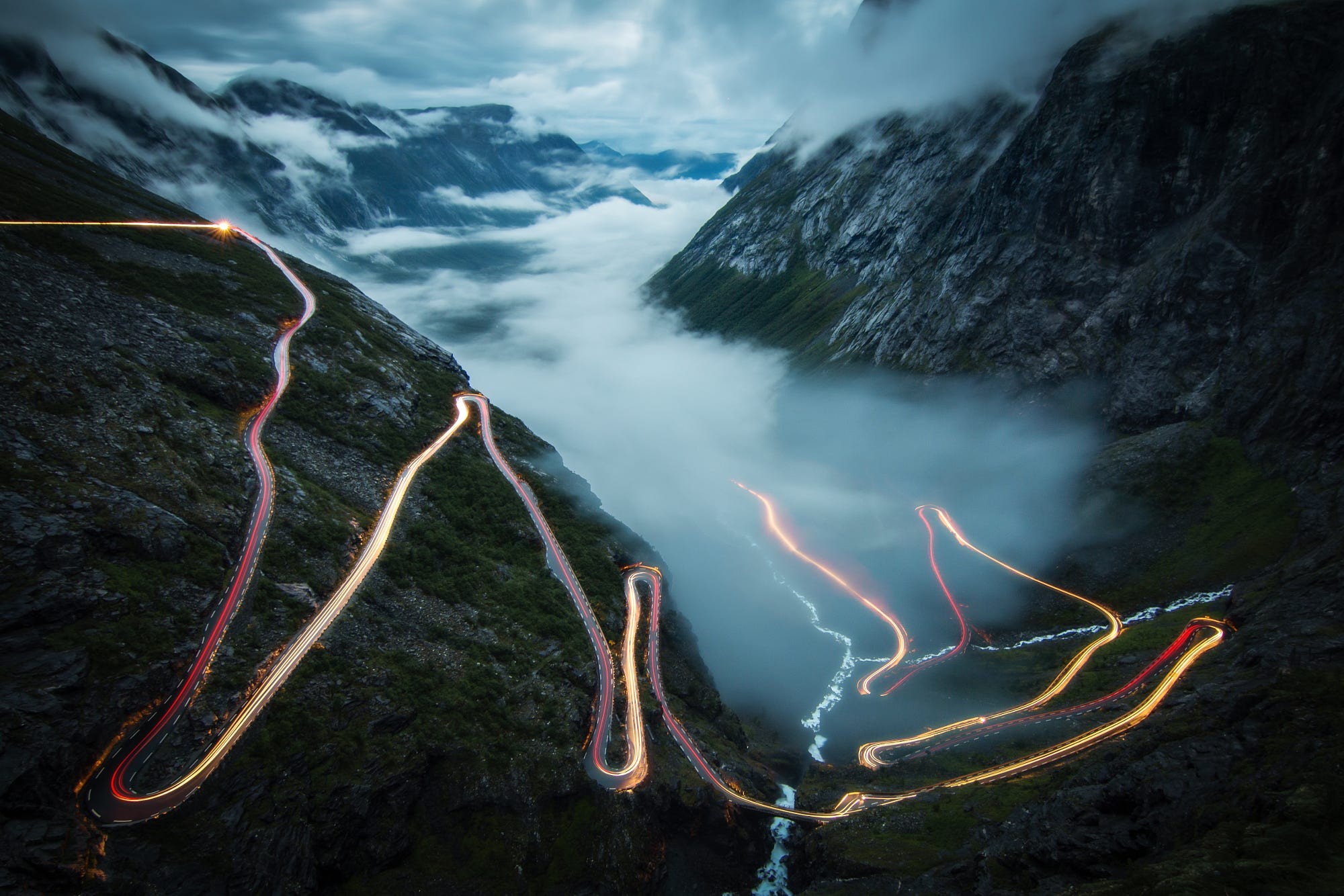 Trollstigen Mist Mountains Blue Night Lights Europe Tourism Norway 2000x1334