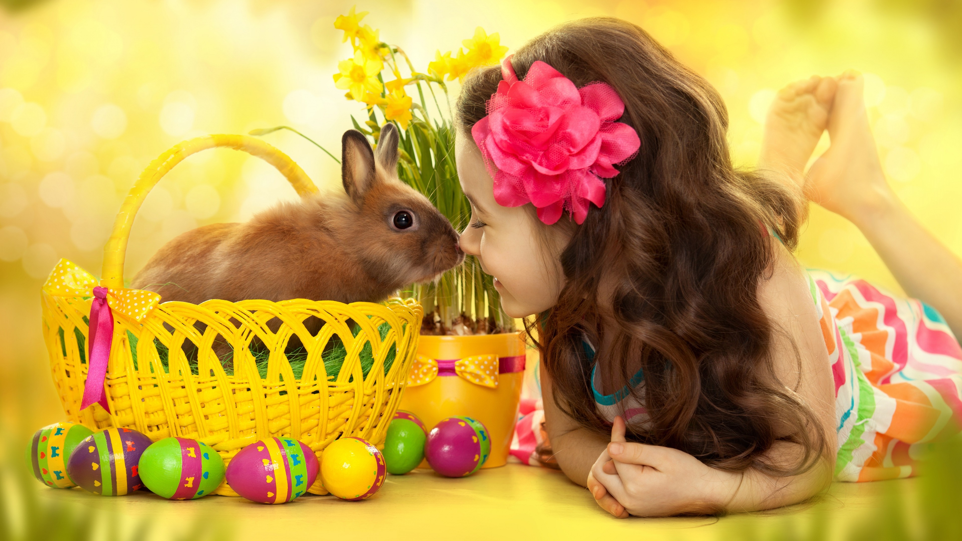 Children Baskets Eggs Flower In Hair Barefoot Rabbits Daffodils Easter Easter Eggs 3840x2160