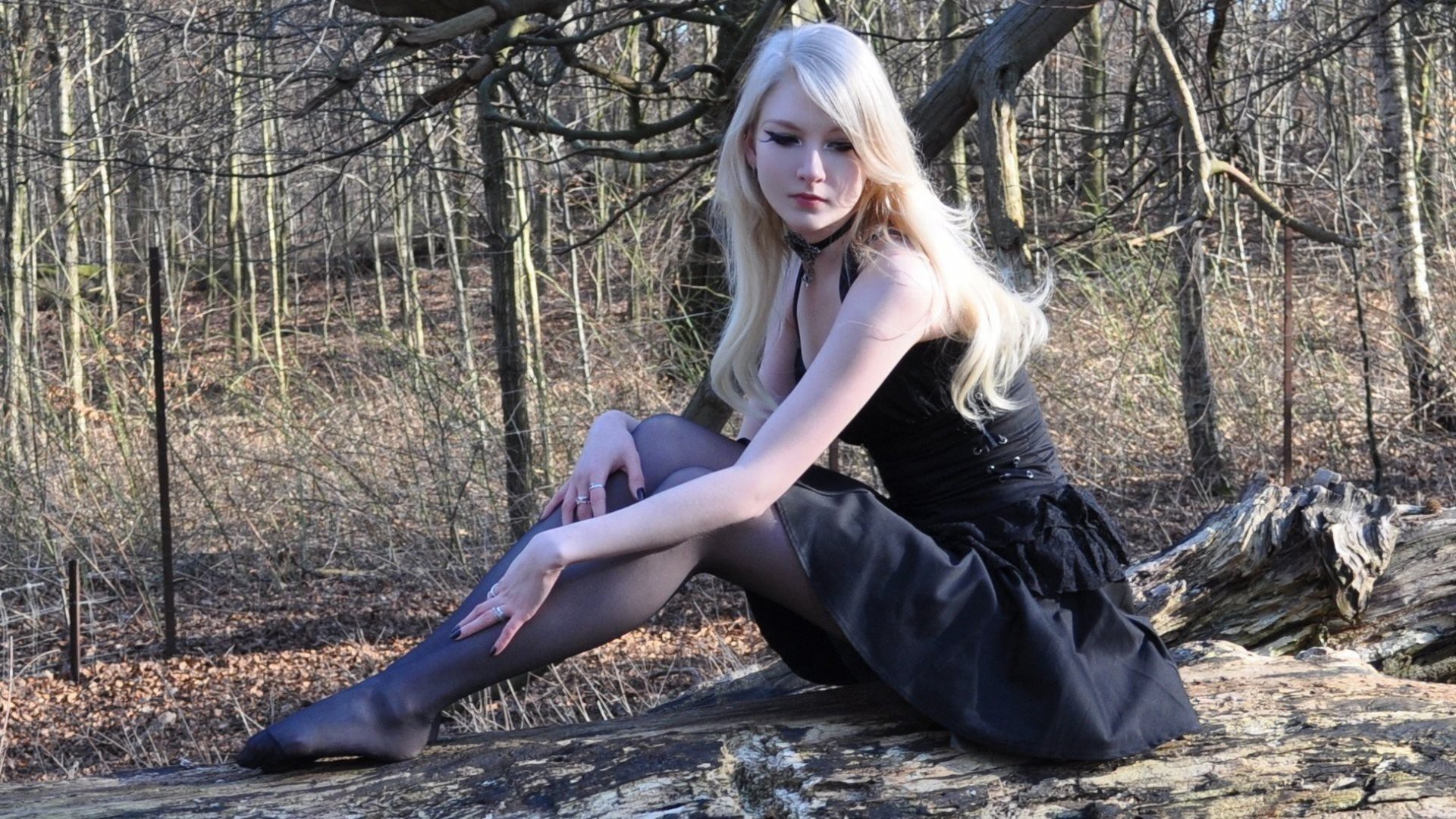 Gothic Blonde Tights Black Dress Black Outfits Sitting Women Women Outdoors Legs Goths Alternative S 1920x1080