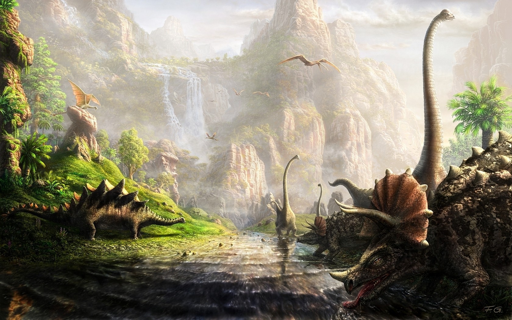 Dinosaurs Fantasy Art Triceratops River Cliff Animals 1680x1050