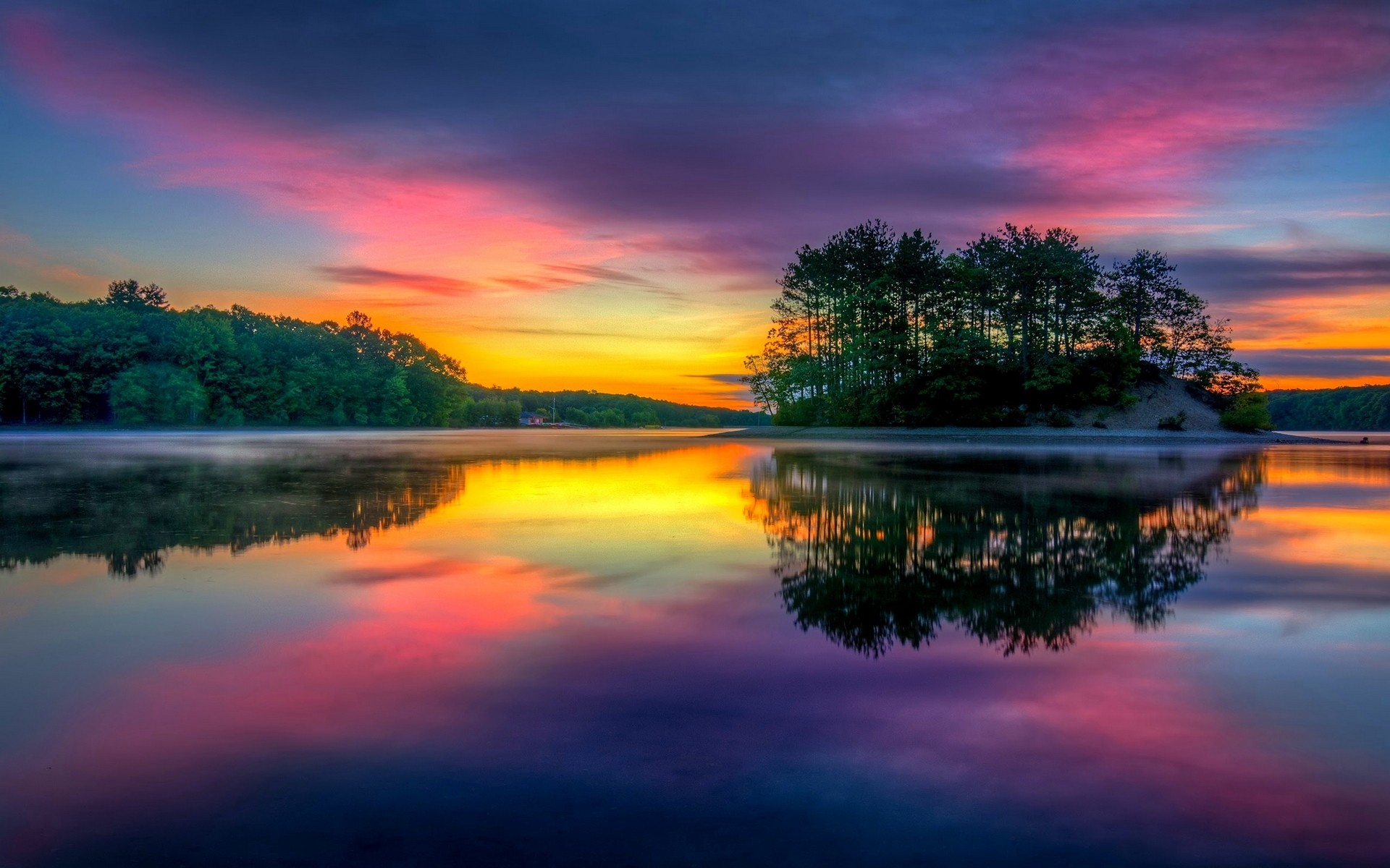 Colorful Lake Island Nature Landscape Reflection Mist Sky Trees Massachusetts Water Clouds Calm 1920x1200