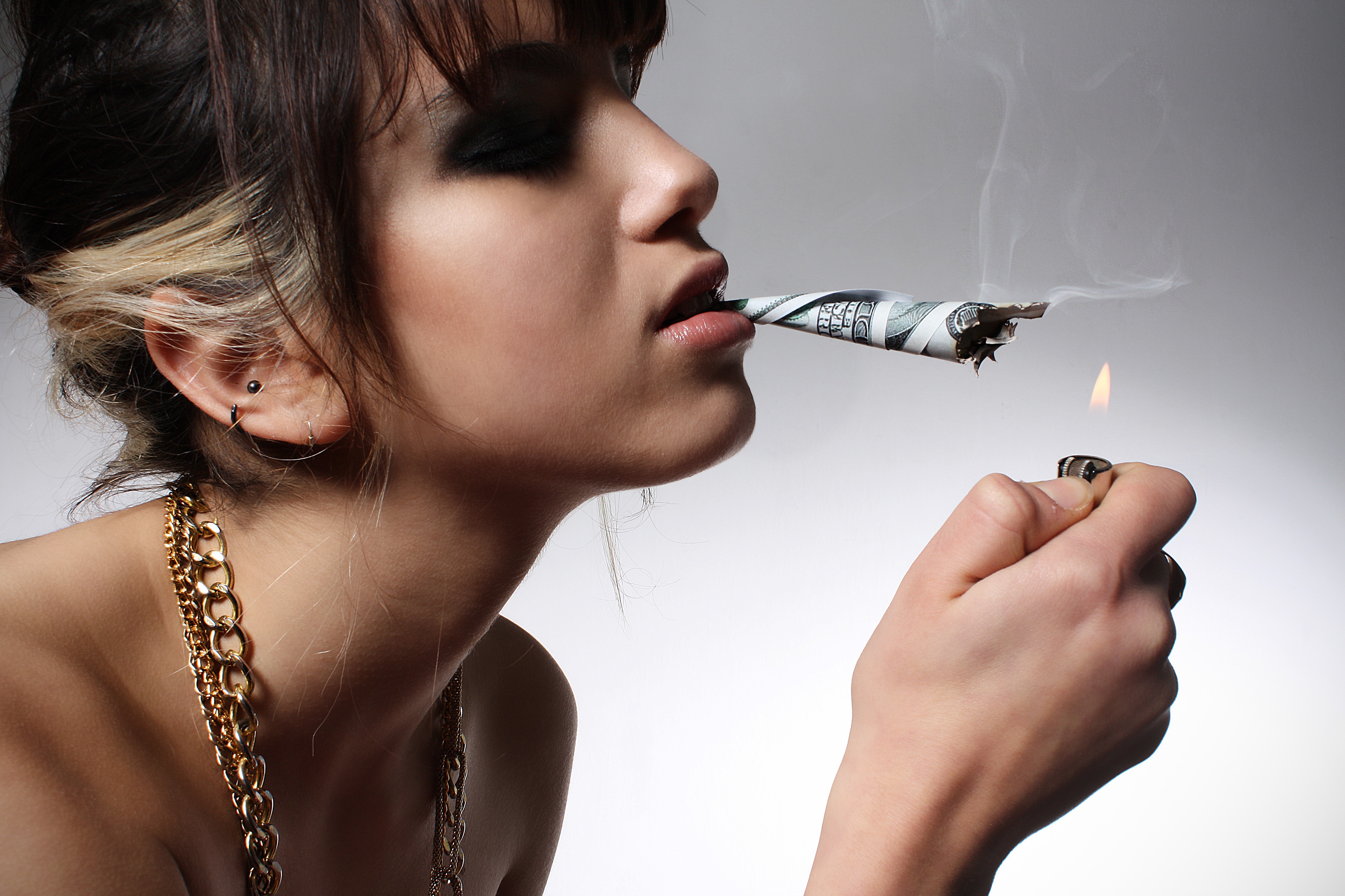 Dollars Model Smoking Face Money Dollar Bills Brunette Necklace Closed Eyes Caucasian 4272x2848