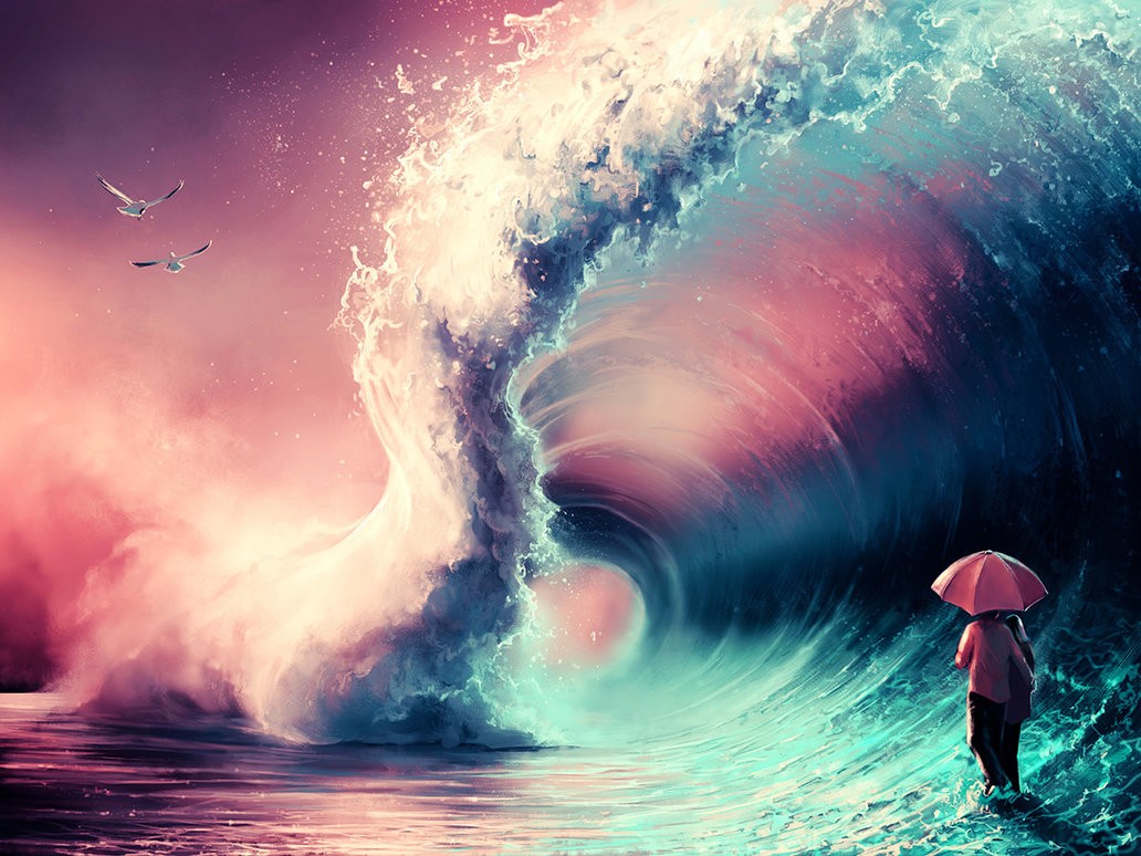 Drawing Sea Blue Pink Fantasy Art Waves Artwork Seagulls AquaSixio Umbrella 1032x774