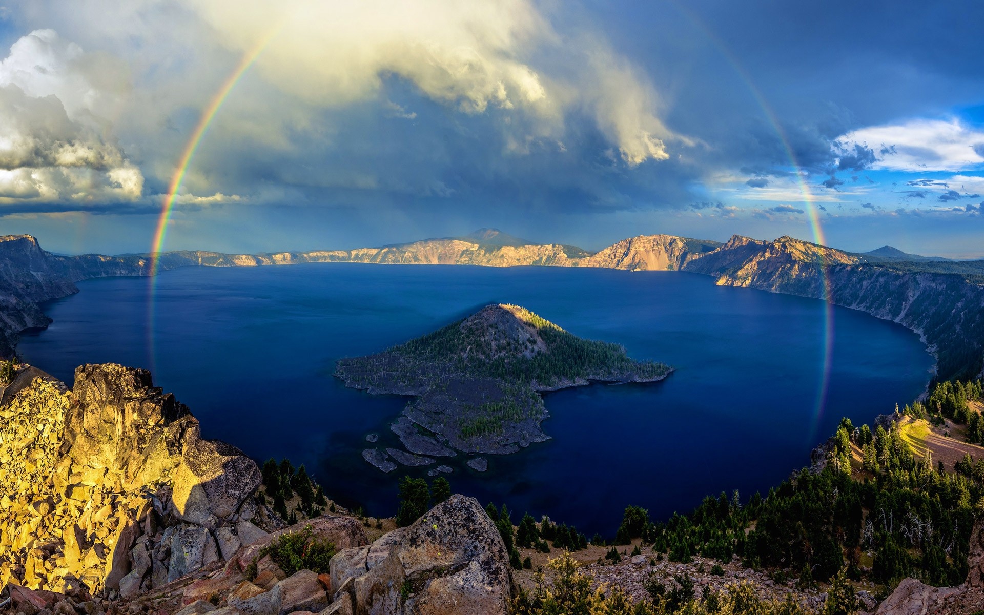 Crater Lake Rainbows Island Lake Forest Mountains Clouds Cliff Water Blue Nature Landscape 1920x1200