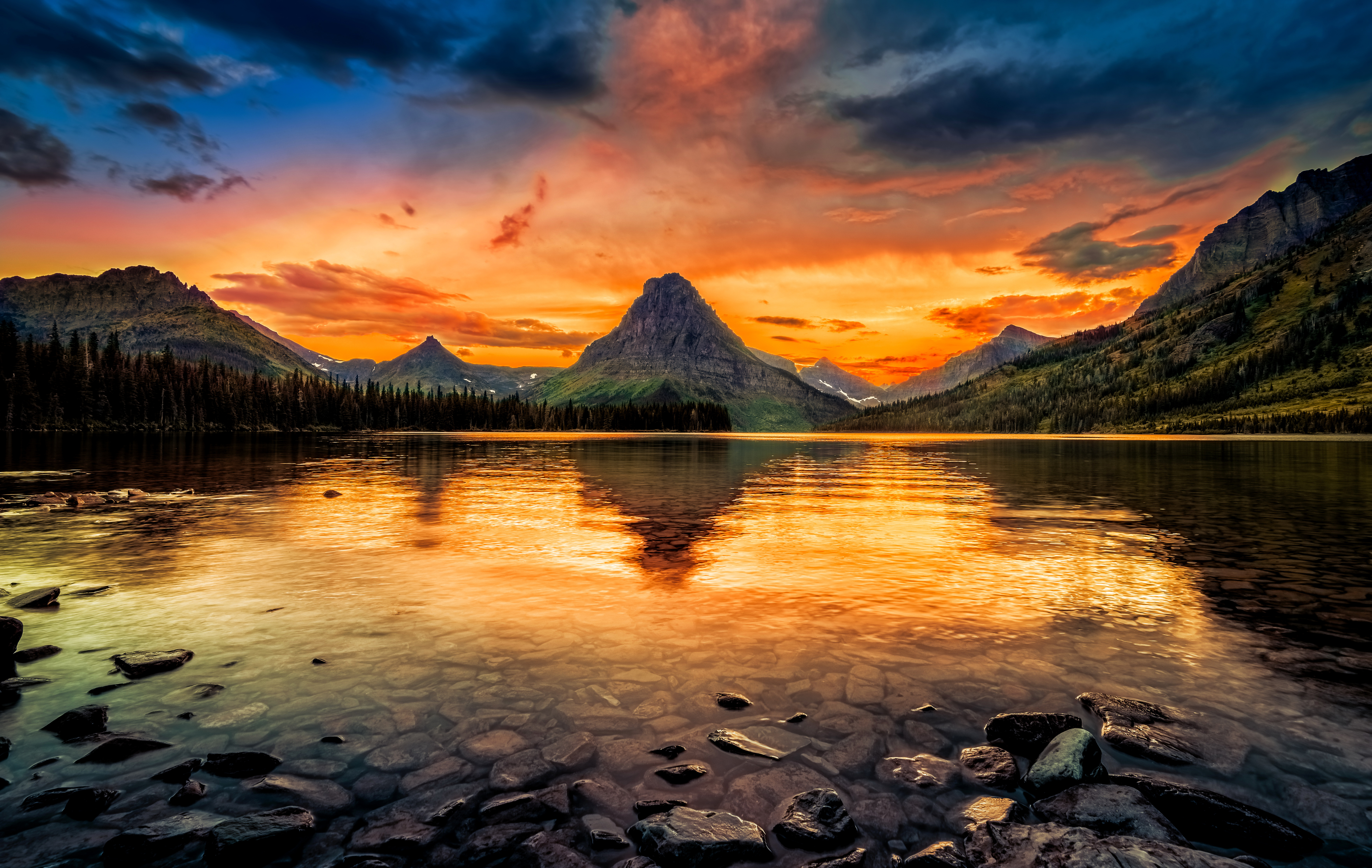 USA Lake Glacier National Park Forest Mountain Stone Sky Sunset Nature Reflection Landscape 7045x4460