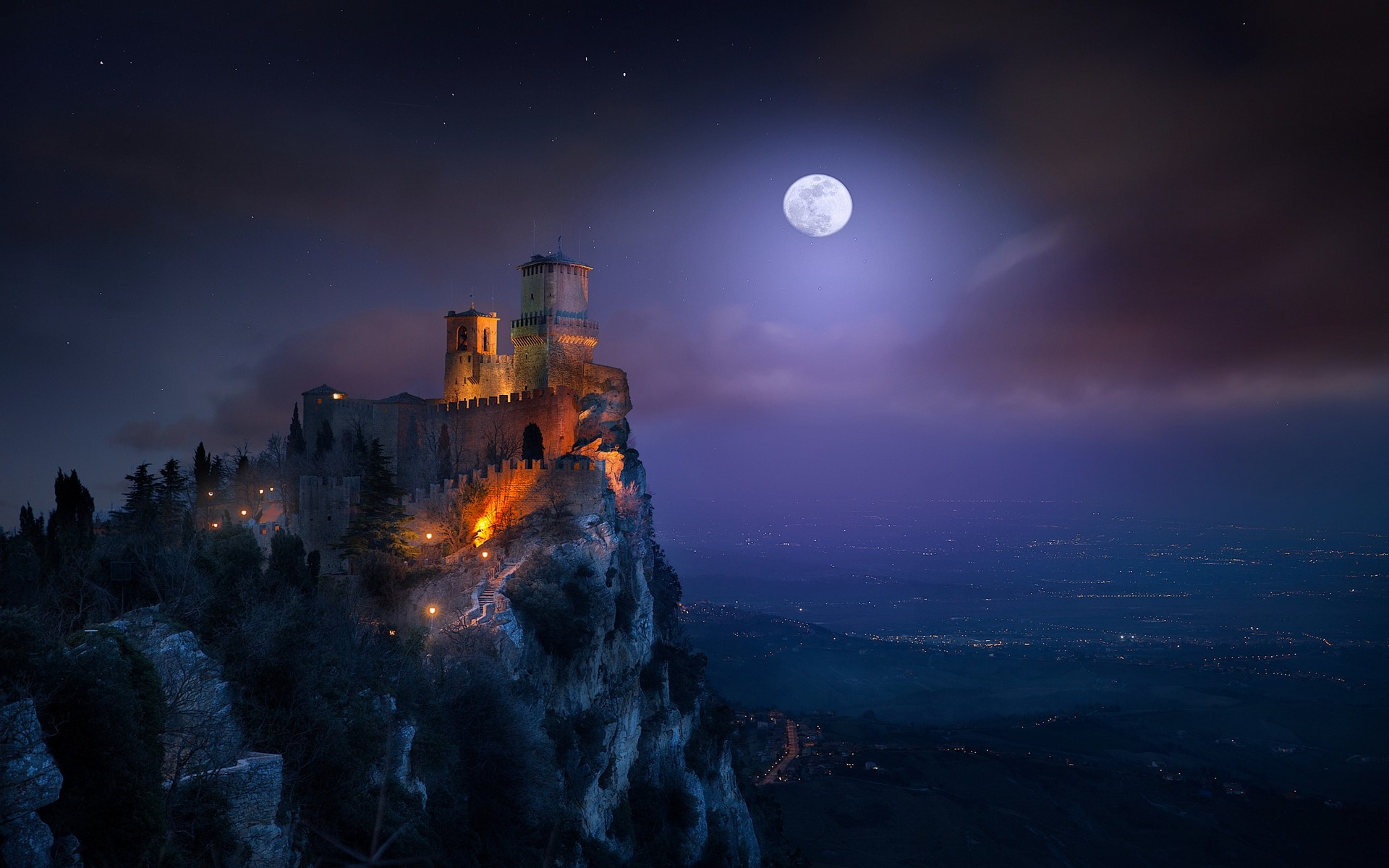 Nature Landscape Moon Castle Cityscape Moonlight Starry Night Lights San Marino 1920x1200
