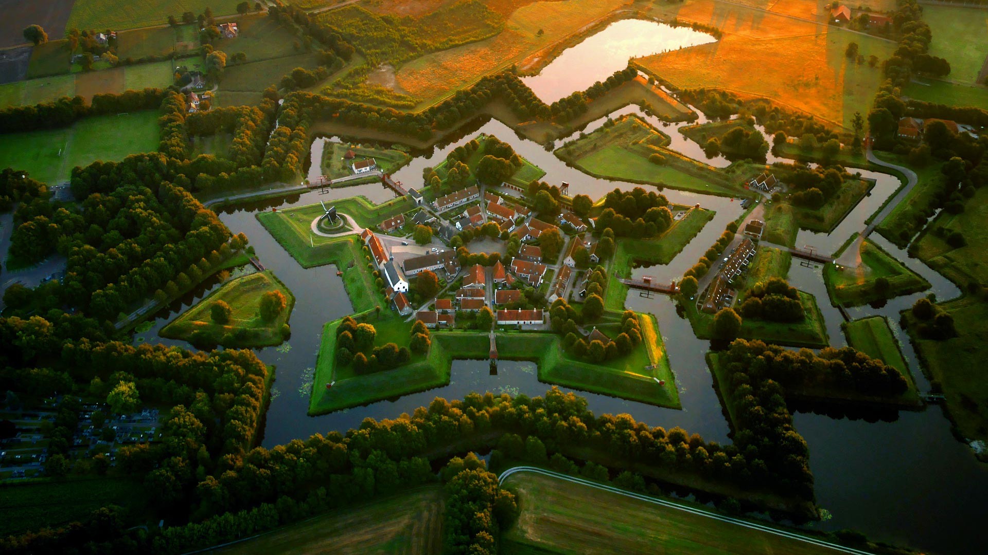 Netherlands Landscape Nature Trees Villages Sunset Europe Aerial View Field Bourtange Groningen 1920x1080