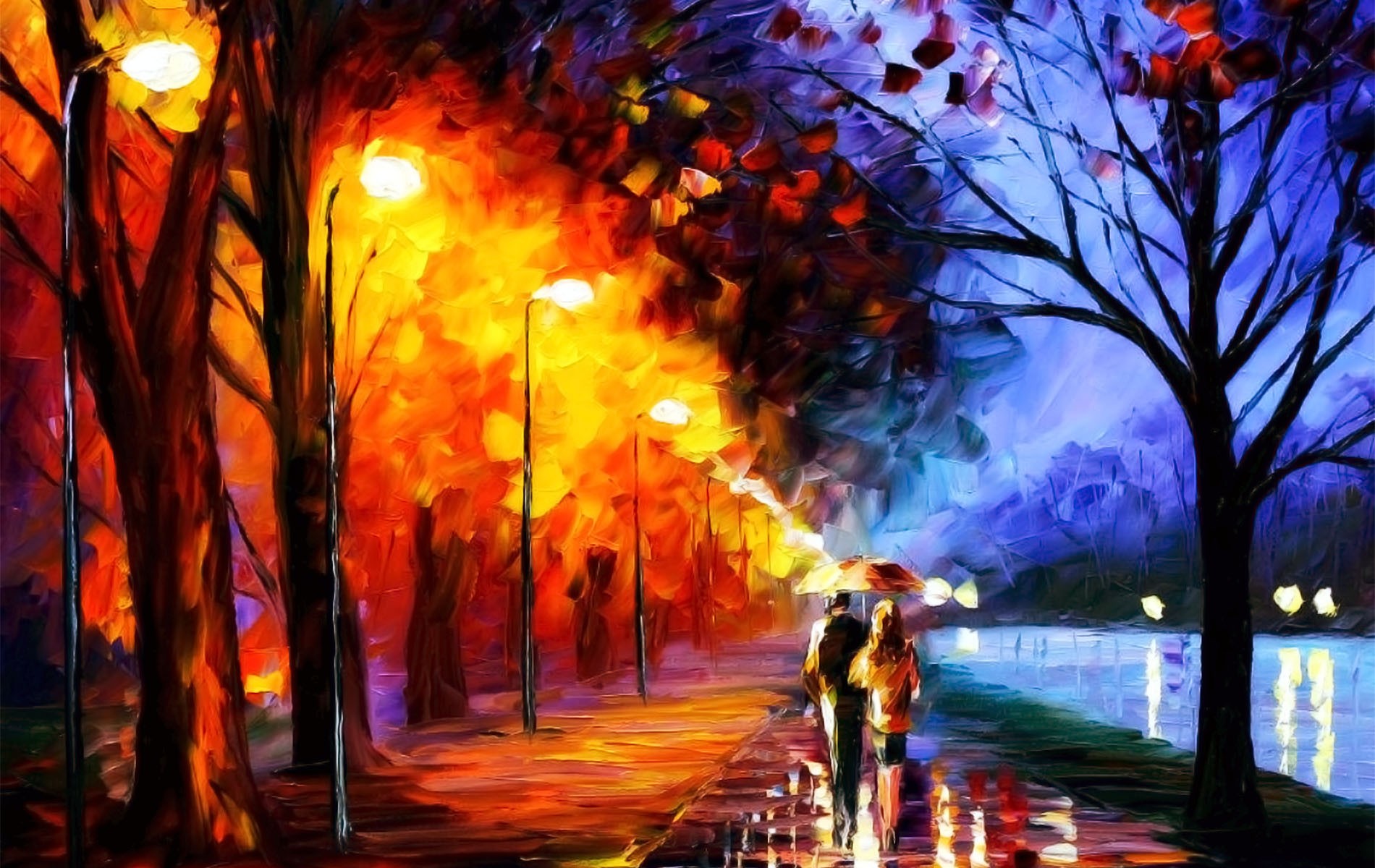 Painting Couple Street Light Path Artwork Umbrella Leonid Afremov 1900x1200
