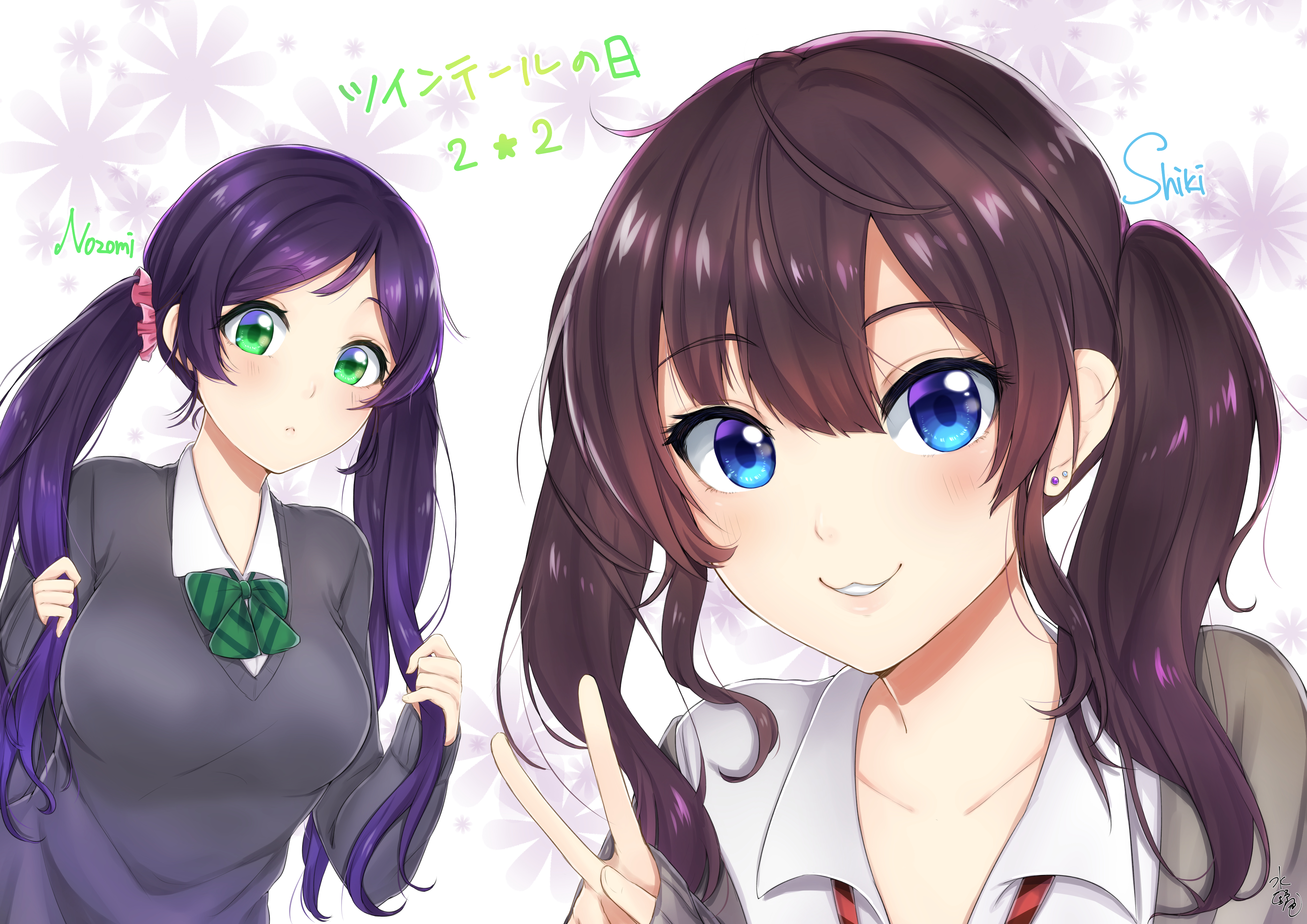 Shiki Ichinose Nozomi Tojo Crossover The IDOLM STER Love Live Long Hair Twintails Purple Hair Brown  4093x2894