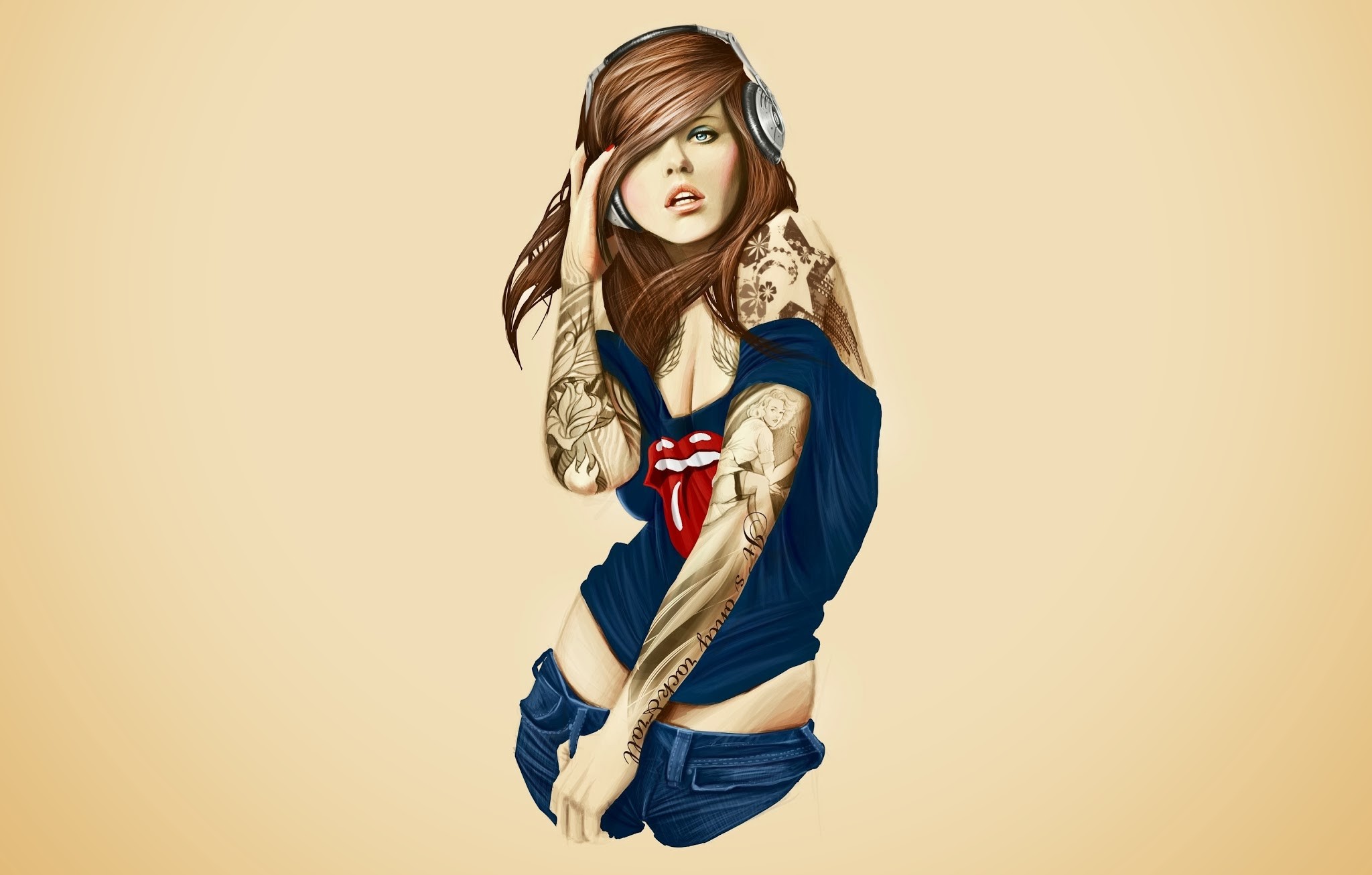 Women Headphones Artwork Tattoo The Rolling Stones Simple Background 2048x1306