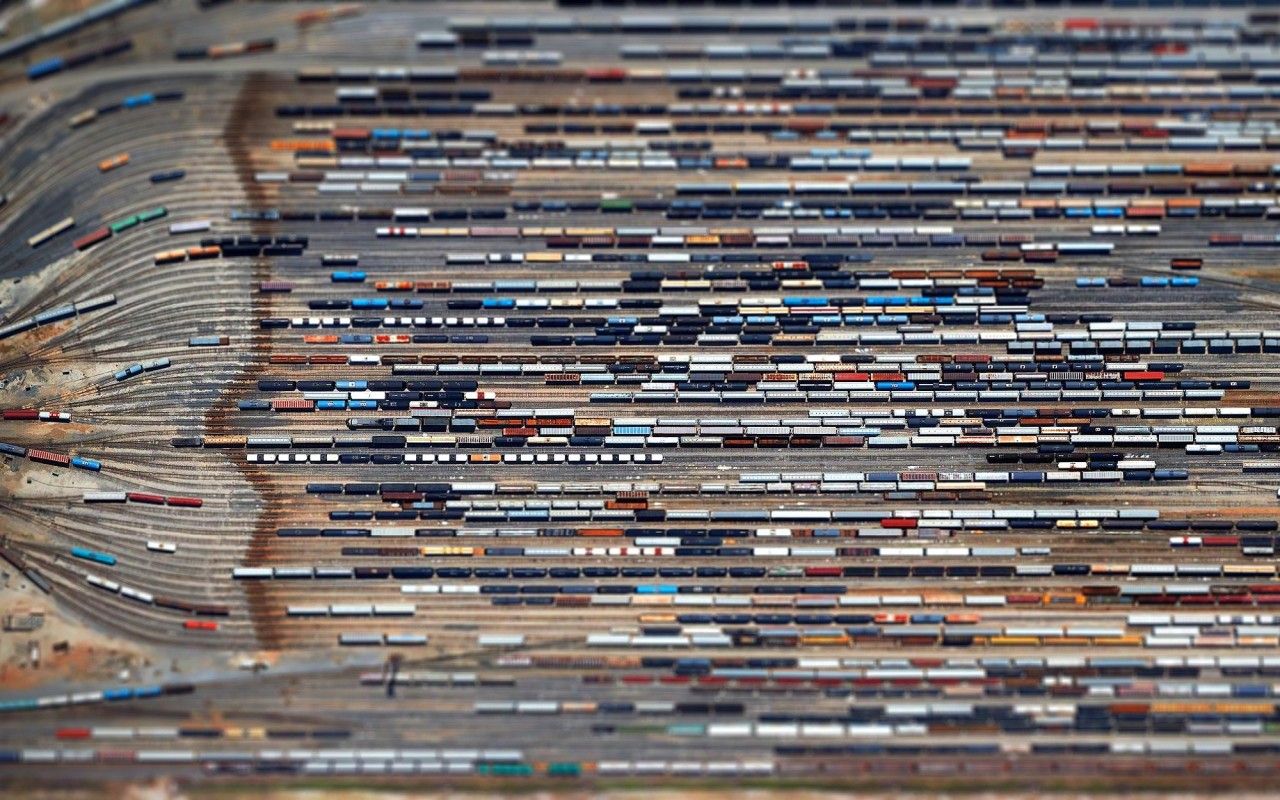 Railway Train Diesel Locomotive Tilt Shift Train Station Aerial View Lines Blurred 1280x800