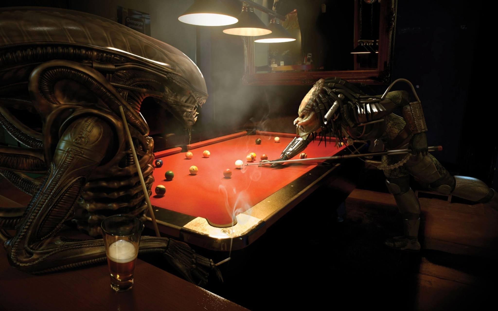 Alien Vs Predator Digital Art Predator Creature Xenomorph Billiard Balls Billiards Creature Beer 2048x1280