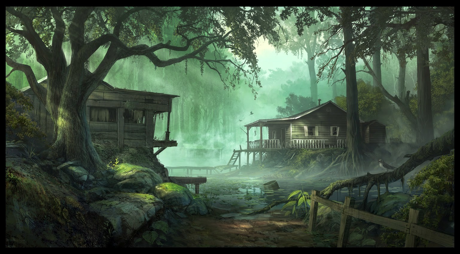 Andree Wallin Forest Wood Shack Swamp Artwork Fantasy Art Digital Art Concept Art 1538x851