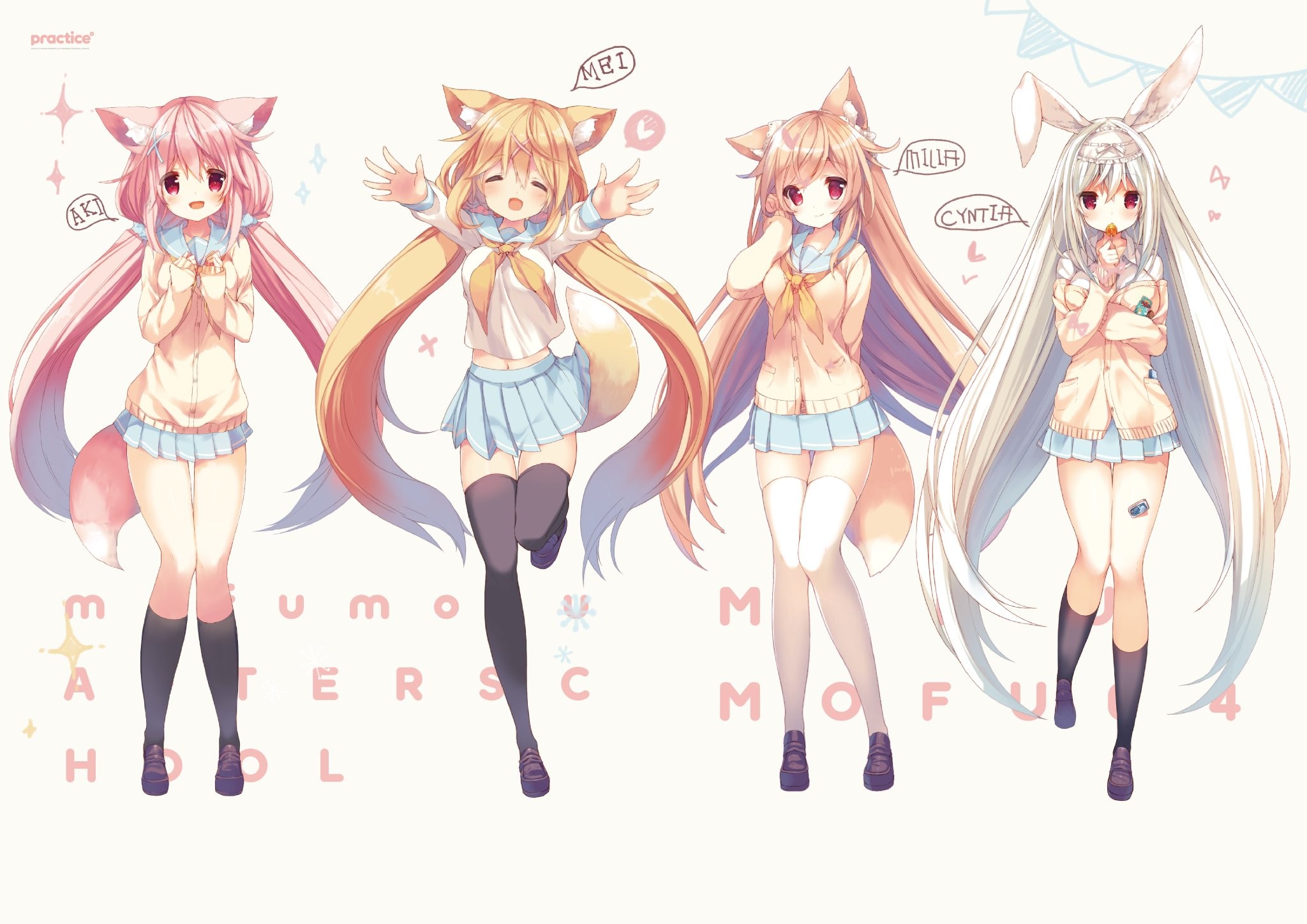 Anime Anime Girls Animal Ears Bunny Ears Inumimi Tail Skirt Knee Highs Long Hair Pink Hair Blonde Gr 2048x1448