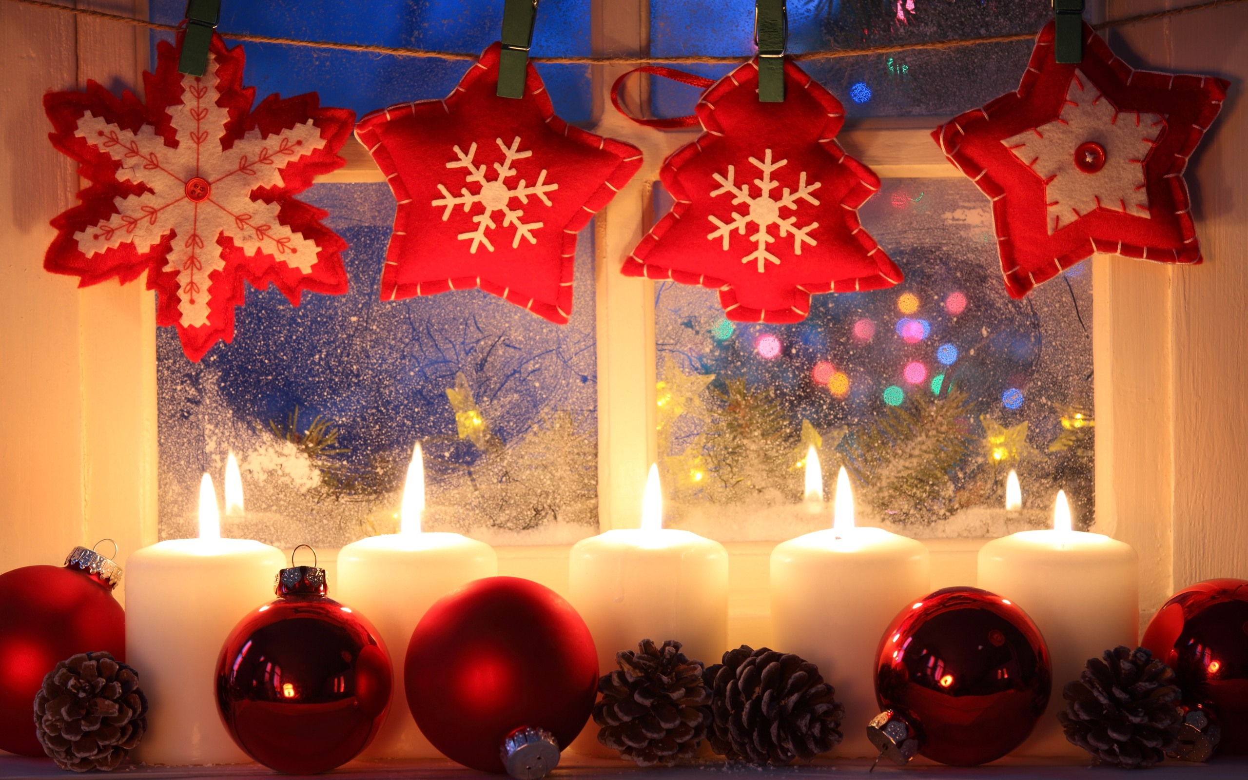 New Year Christmas Ornaments Candles Cones Window Decorations Bokeh 2560x1600