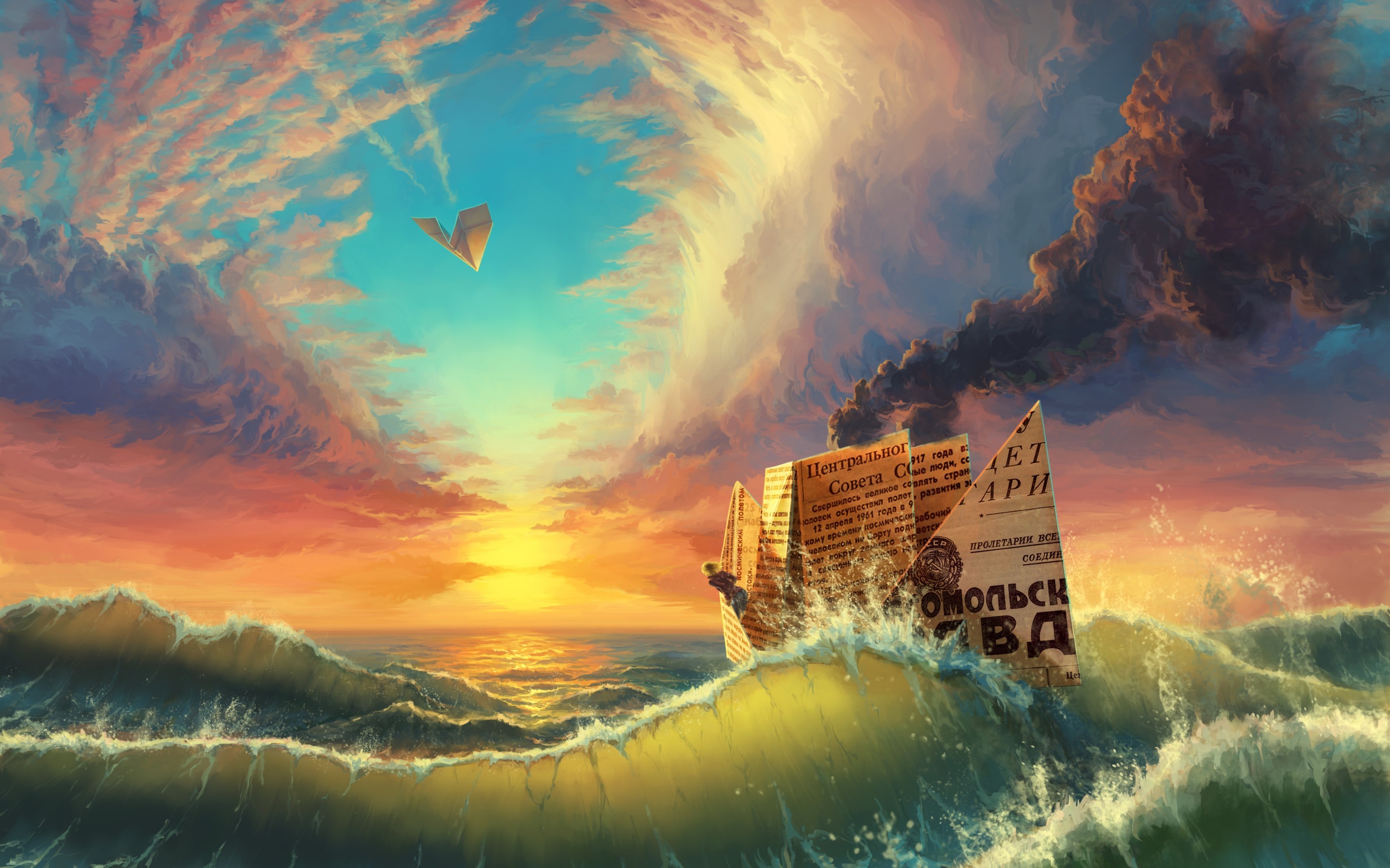 Nature Landscape Ship Water Sea Clouds Digital Art Paper Planes Paper Boats Smoke Waves Sunset Color 2880x1800