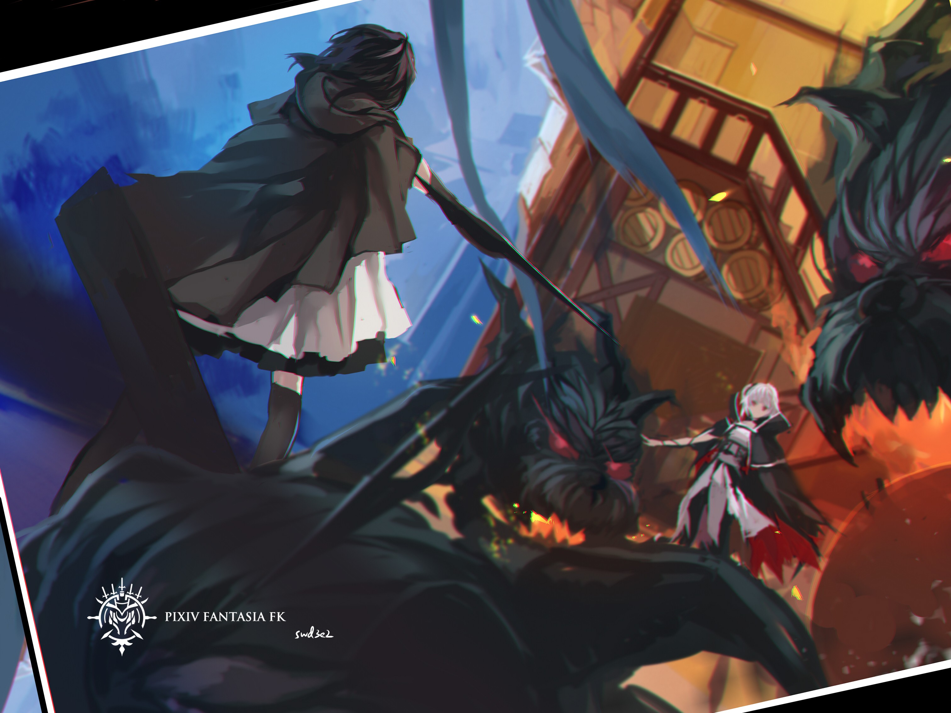 Swd3e2 Pixiv Fantasia Paradise Pffk Black Hair Long Hair Red Eyes Gloves Dragon Original Characters  3023x2267