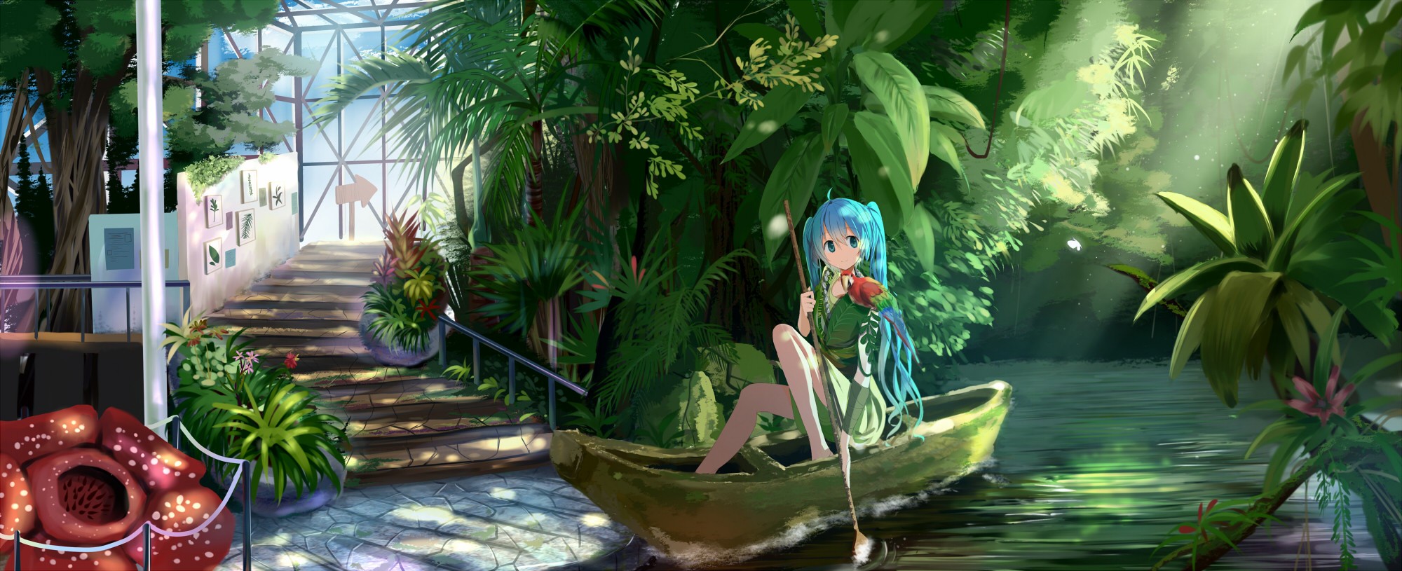 Vocaloid Hatsune Miku Long Hair Twintails Boat Parakeets Plants Trees Flowers Water Anime Girls Anim 2000x815