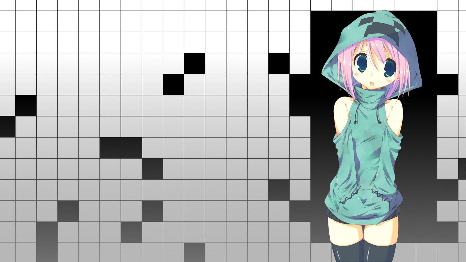 Minecraft Creeper Anime Girls Blue Eyes Pink Hair Thigh Highs 1500x844