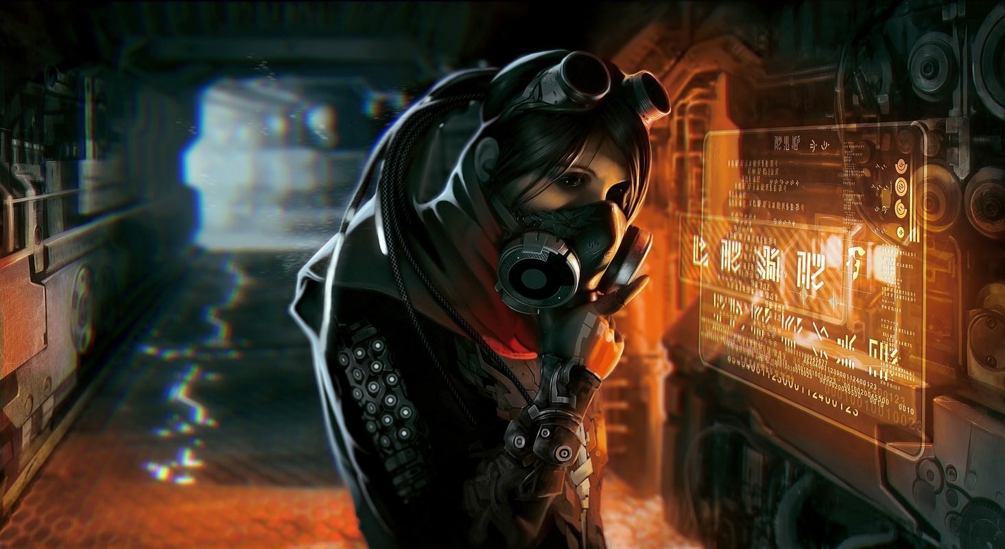 Cyberpunk Interfaces Gas Masks Hallway Goggles Science Fiction Futuristic Render Digital Art Women M 1465x800