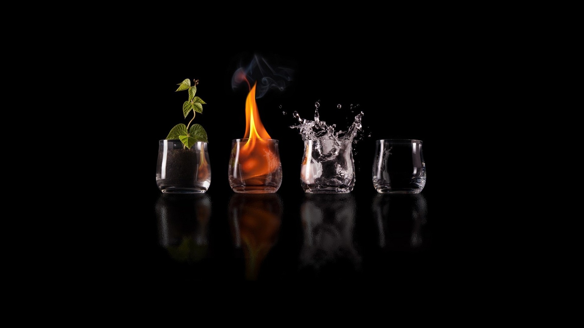 Glass Fire Water Black Reflection Four Elements Earth Air Nature Drinking Glass Plants Science Ficti 1920x1080