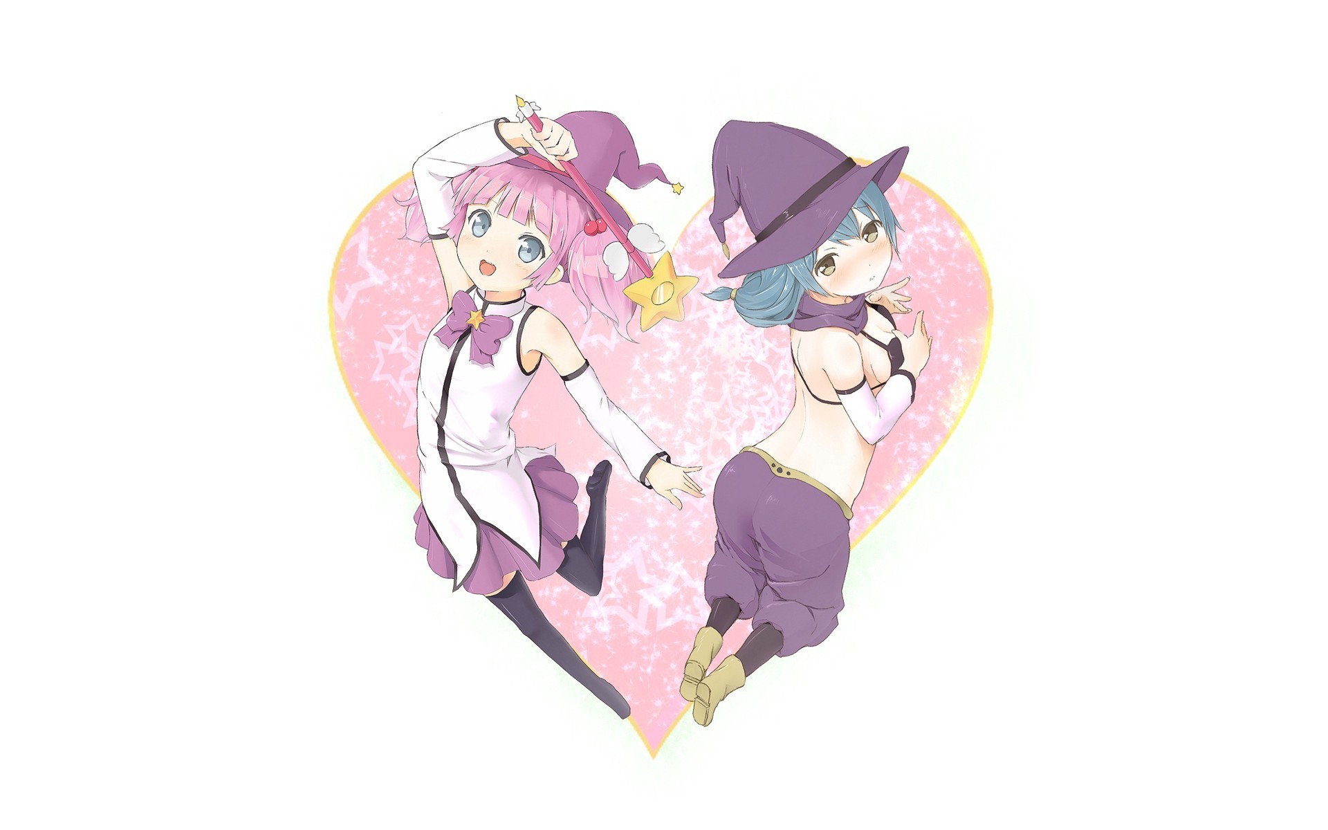 White Background Heart Pink Hair Blue Hair Witch Hat Wand Anime 1920x1200