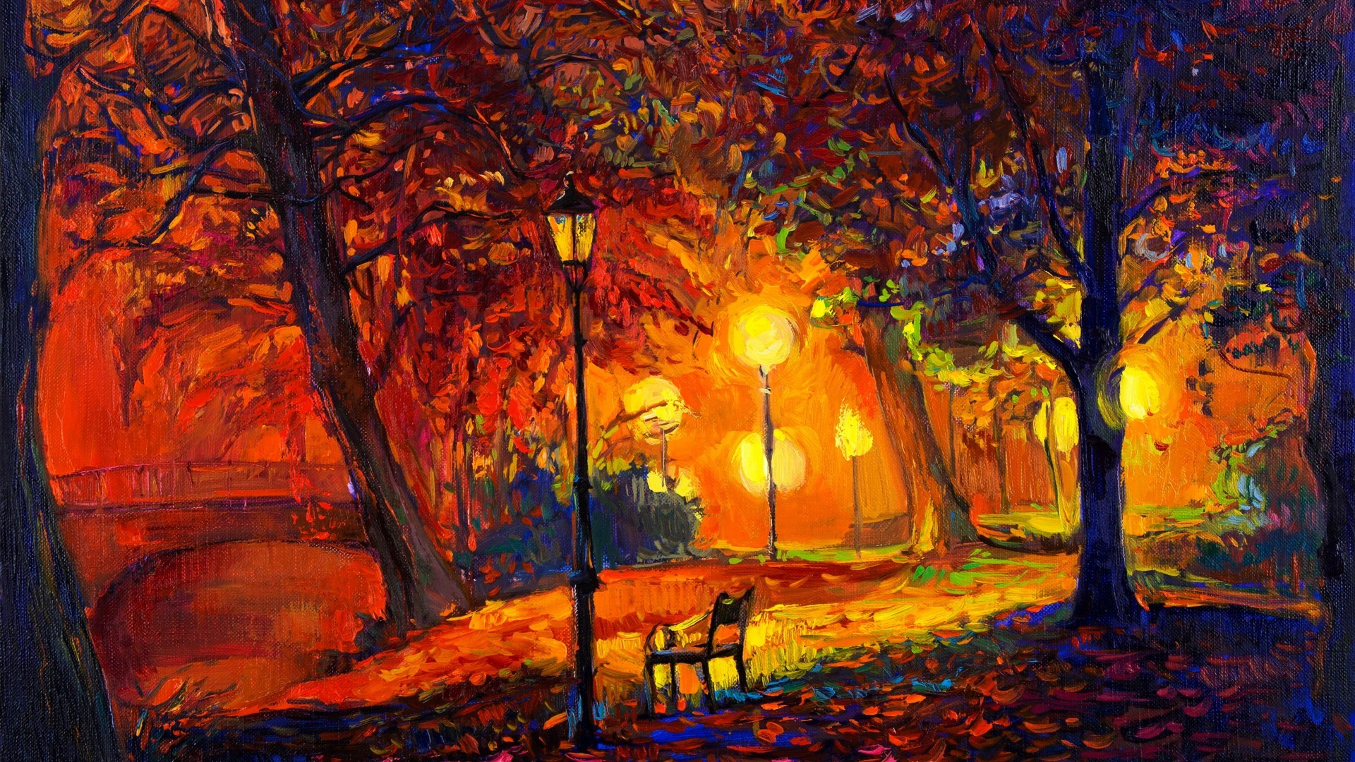 Digital Art Nature Trees Painting Park Bench Lamp Fall Leaves Modern Impressionism Artwork 1920x1080