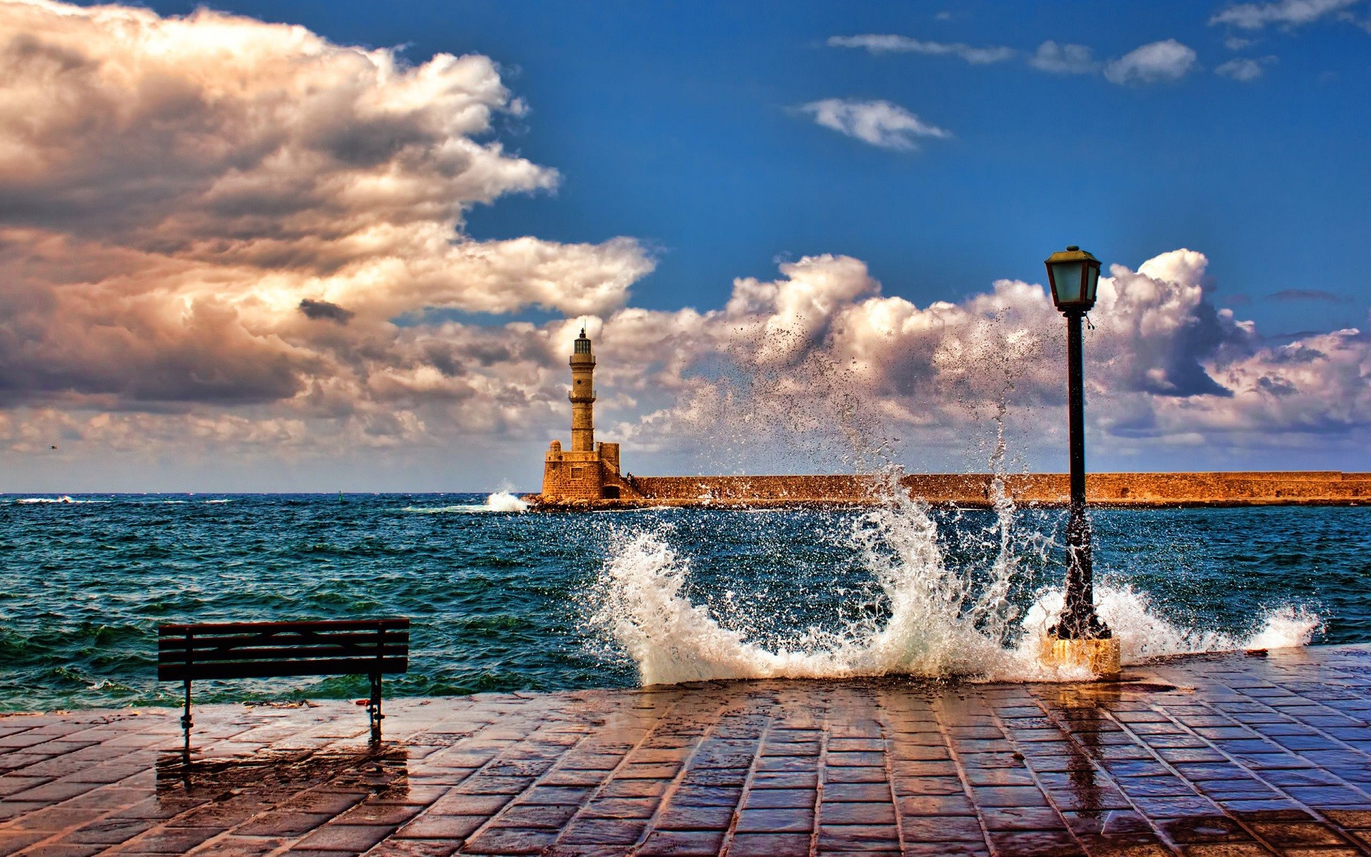 Landscape Sea Waves Lighthouse Coast Breakwater Street Light Crete 1920x1200