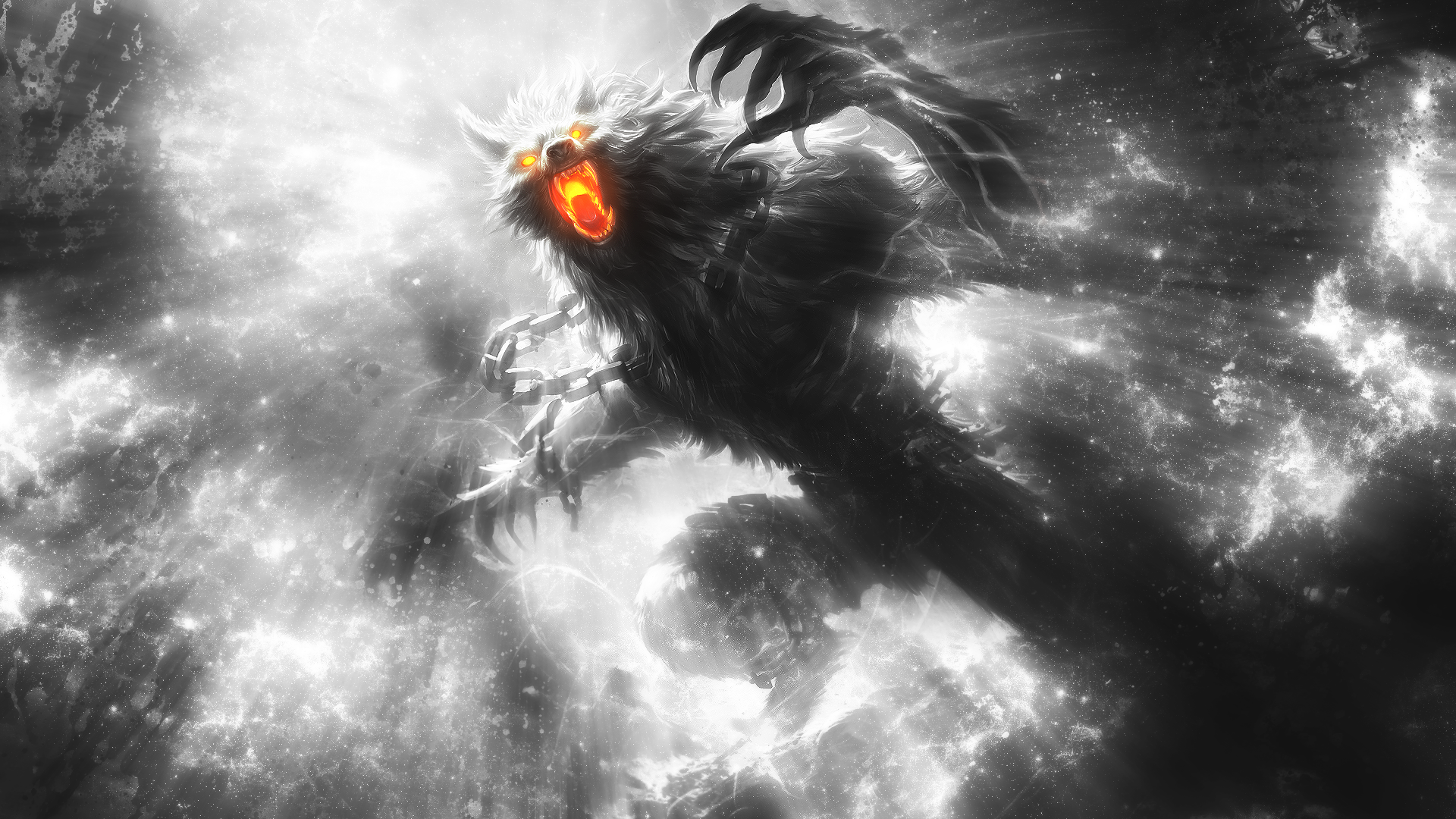 Fenrir Smite Creature Werewolf Fantasy Art Selective Coloring Glowing Eyes Chains 1920x1080