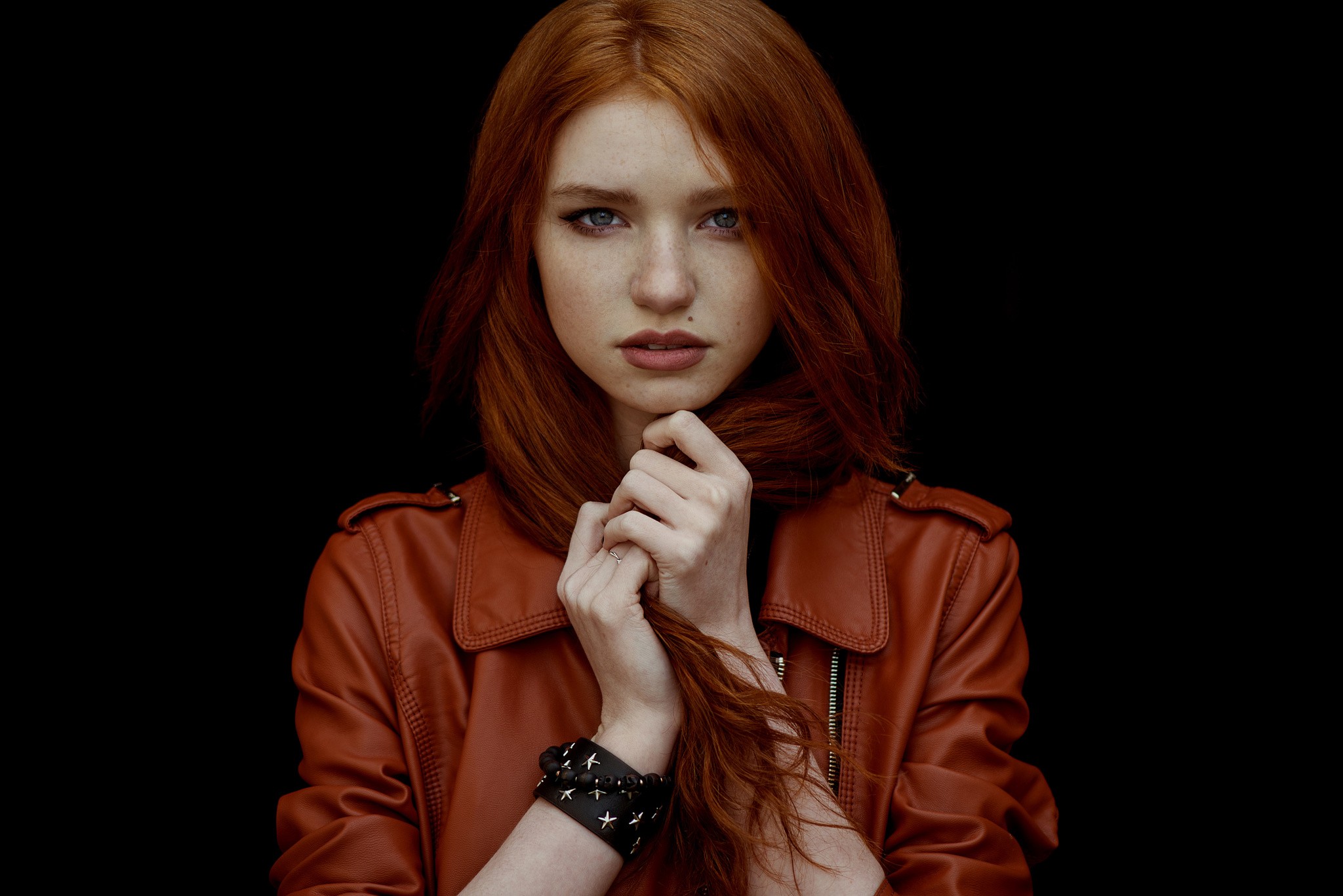 Women Redhead Face Blue Eyes Jacket Leather Jackets Orange Jacket Holding Hair 2048x1367