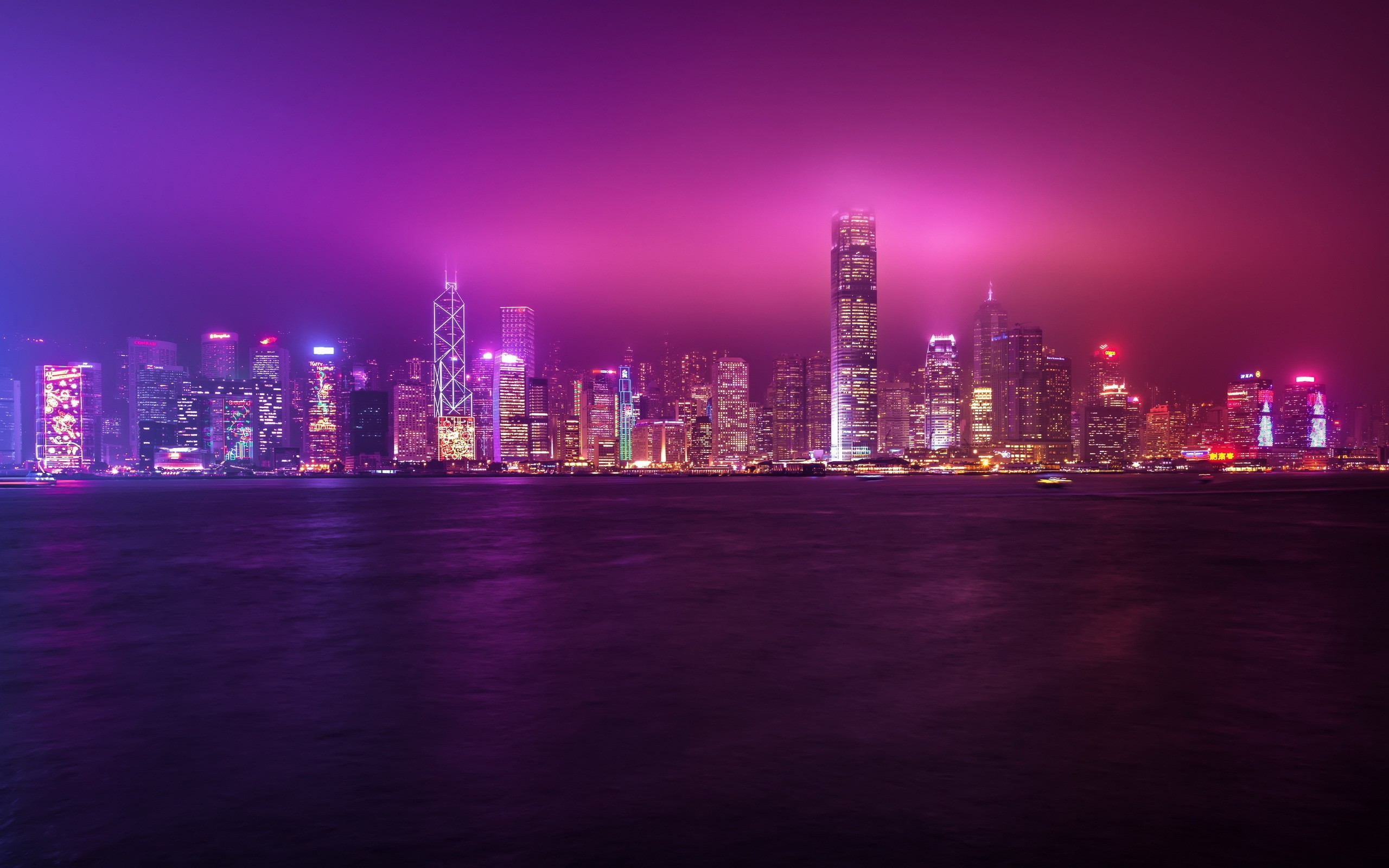 Cityscape Building Lights Sea Victoria Harbour Hong Kong 2560x1600