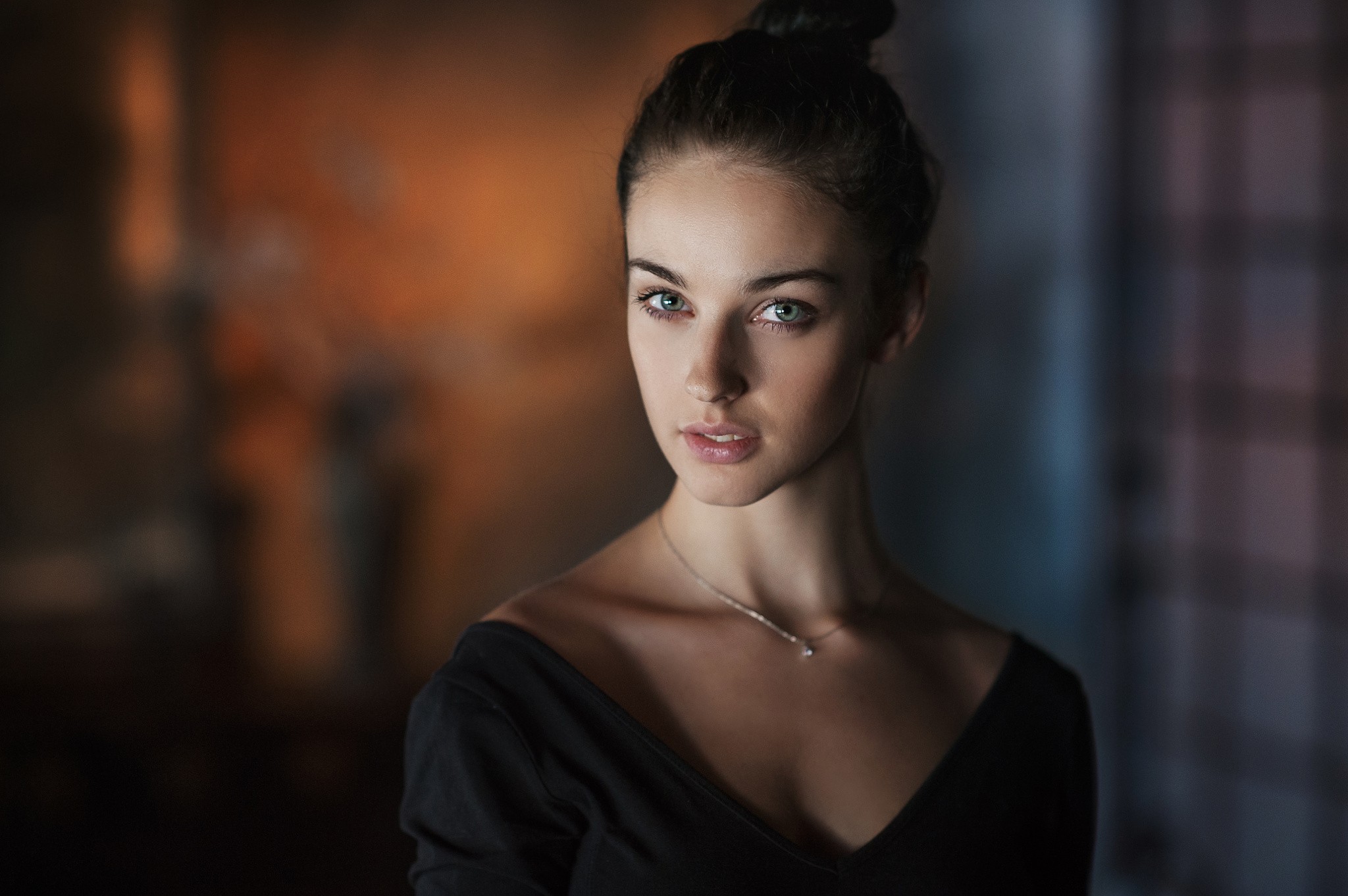 Women Brunette Portrait Blue Eyes Black Clothing Alla Berger Maxim Maksimov Hairbun 2048x1362