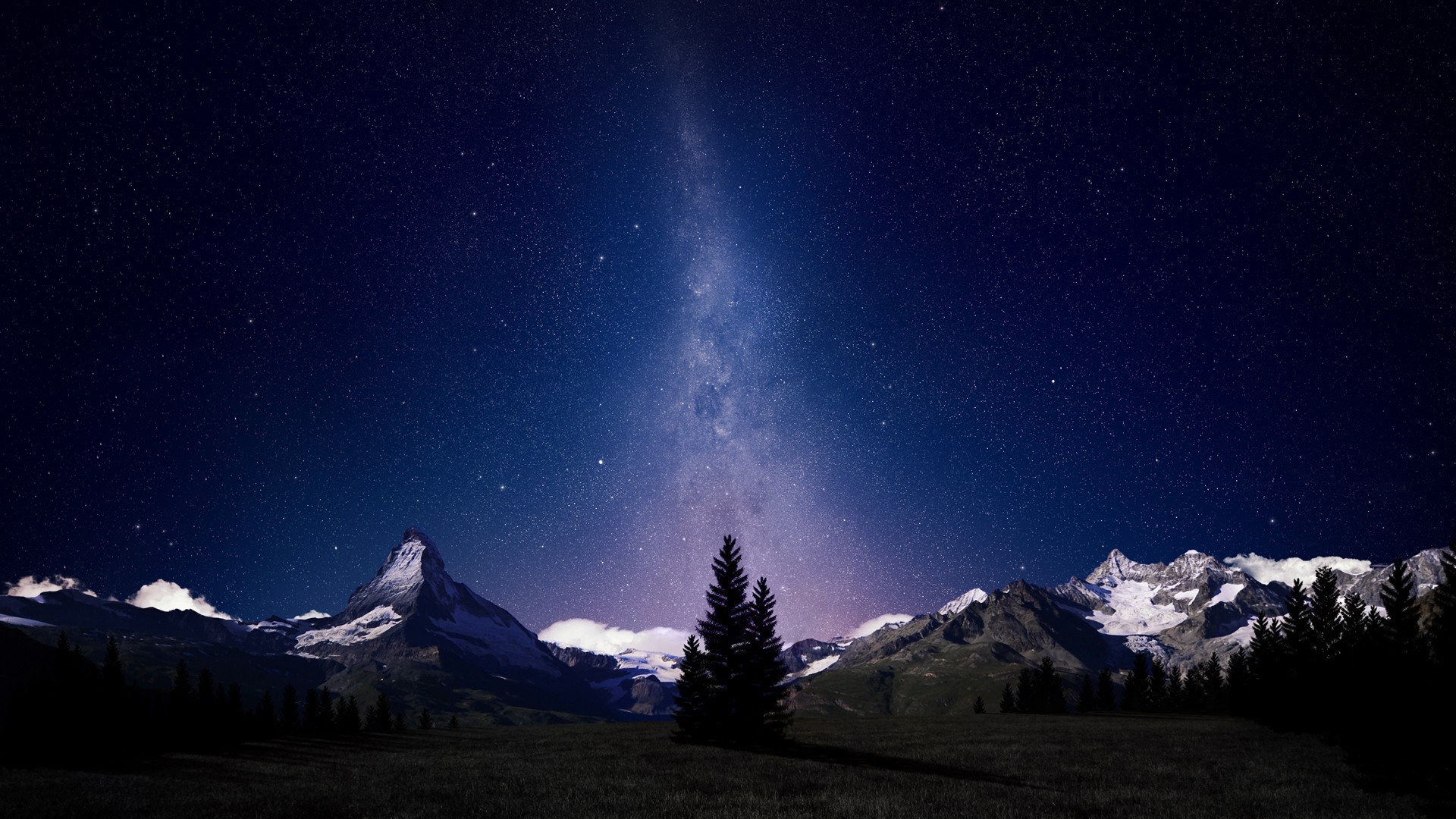 Starry Night Mountains Stars Trees Sky Milky Way Space Landscape Night Swiss Alps Space Art 1920x1080