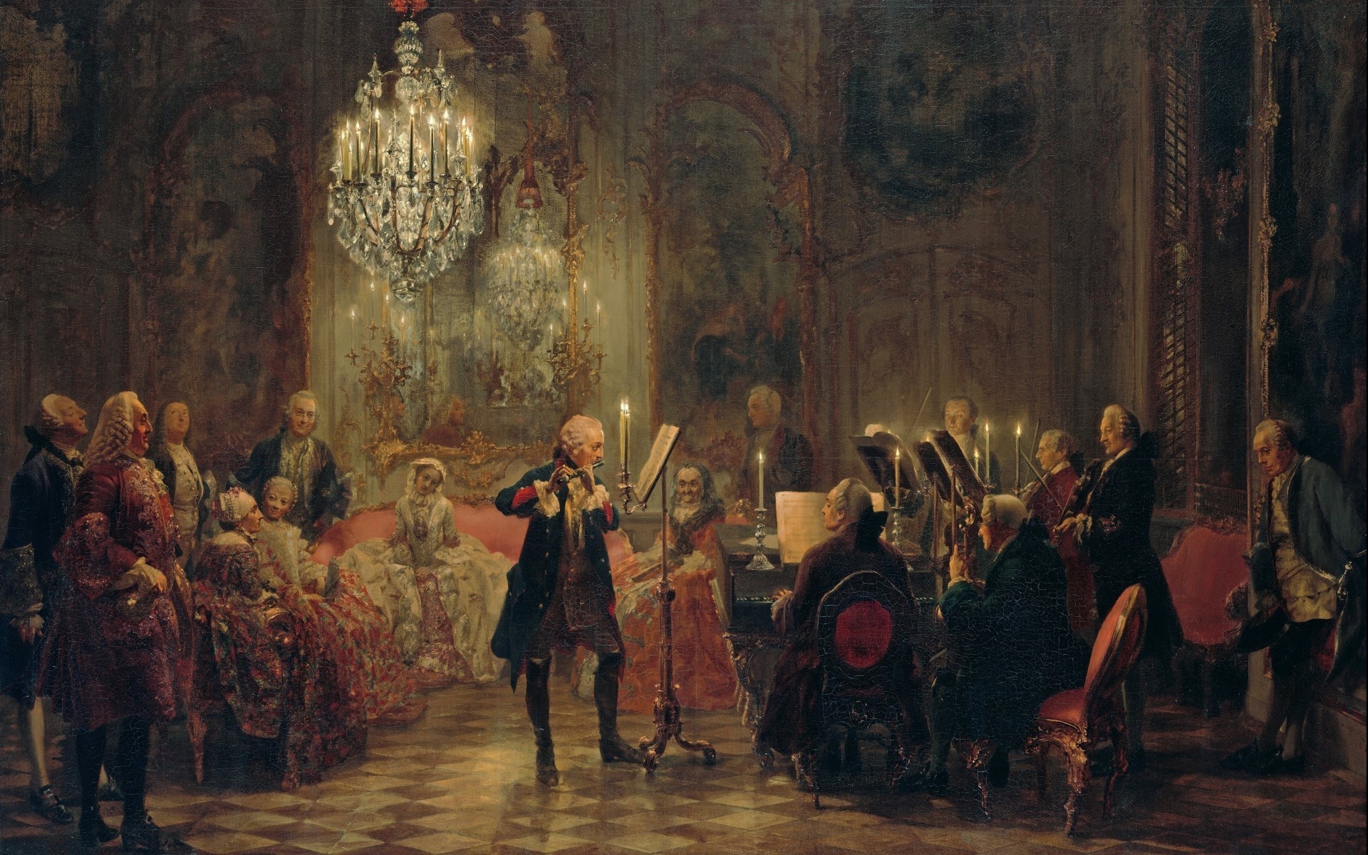 Painting Artwork Prussia Concerts King Oil Painting Classic Art Chandeliers Musician Flute Piano Can 1920x1200
