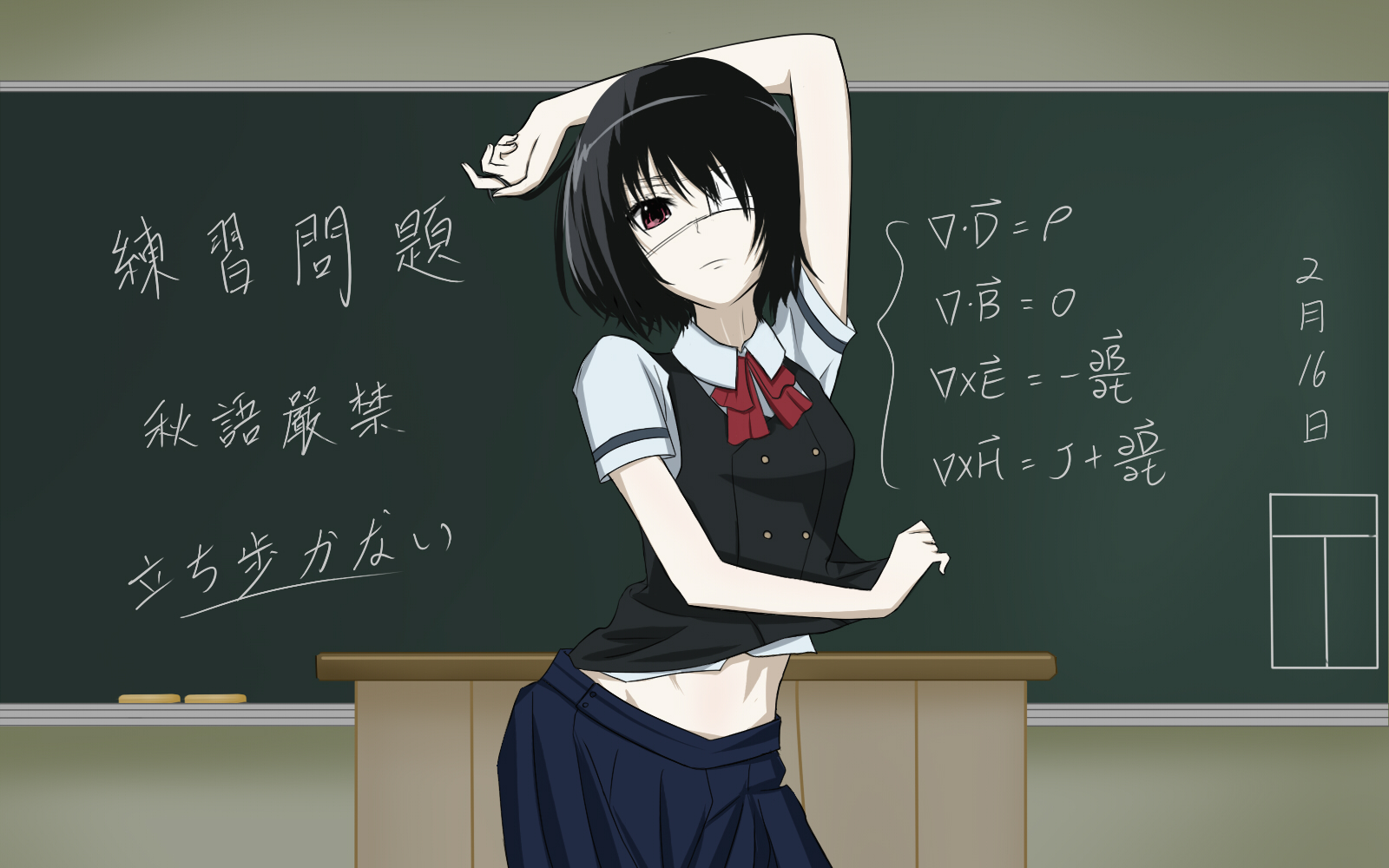 Another Anime Mei Misaki Classroom Girl Anime Eye Patch Bow Clothing Blackboard 1600x1000